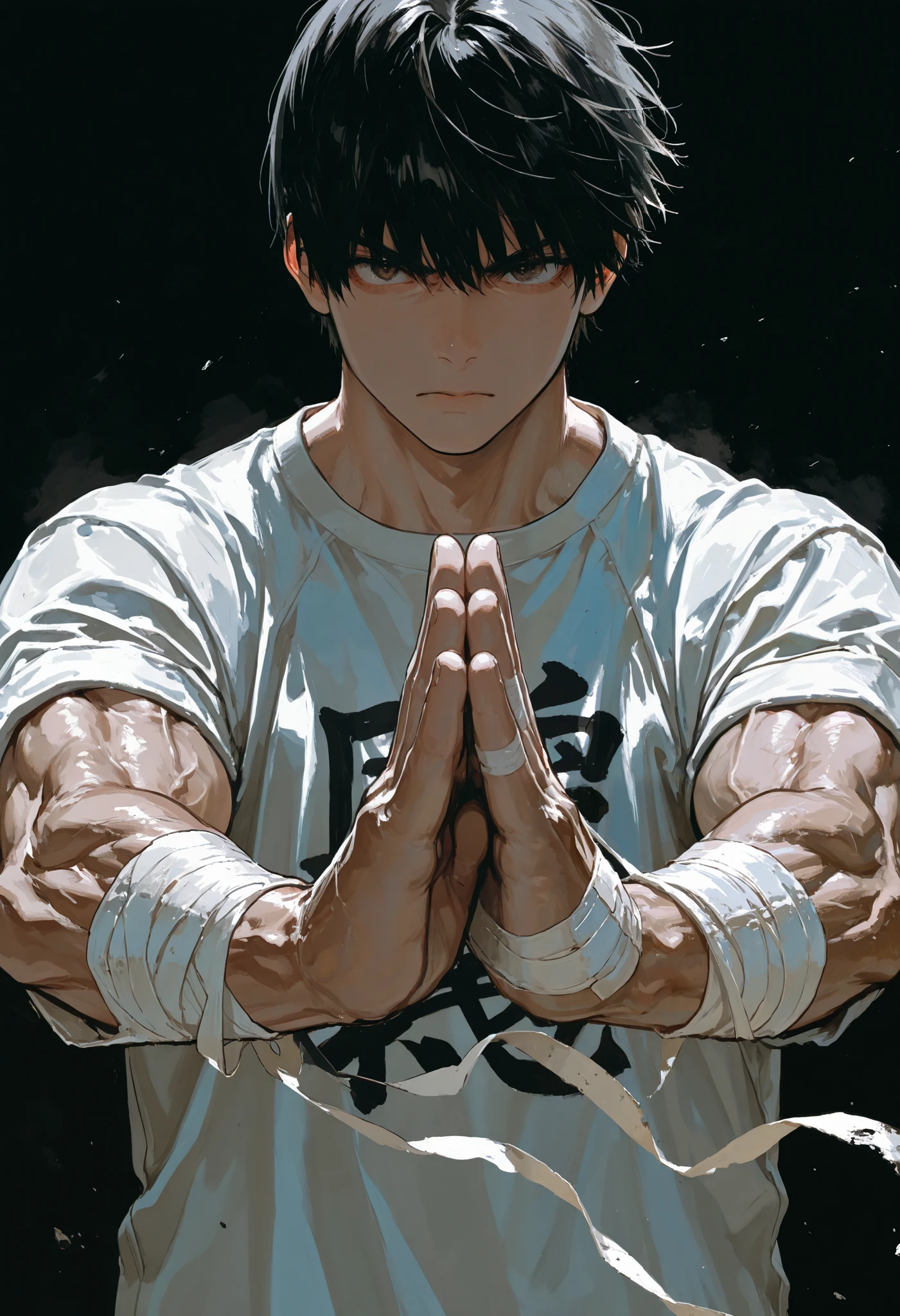 A boy like Amime, muscular,martial arts fighter, from the front,Looking at the viewer,Serious,tightening the bandages on his hands,Masterpiece, t-shirt, very aesthetic, absurdres,tank