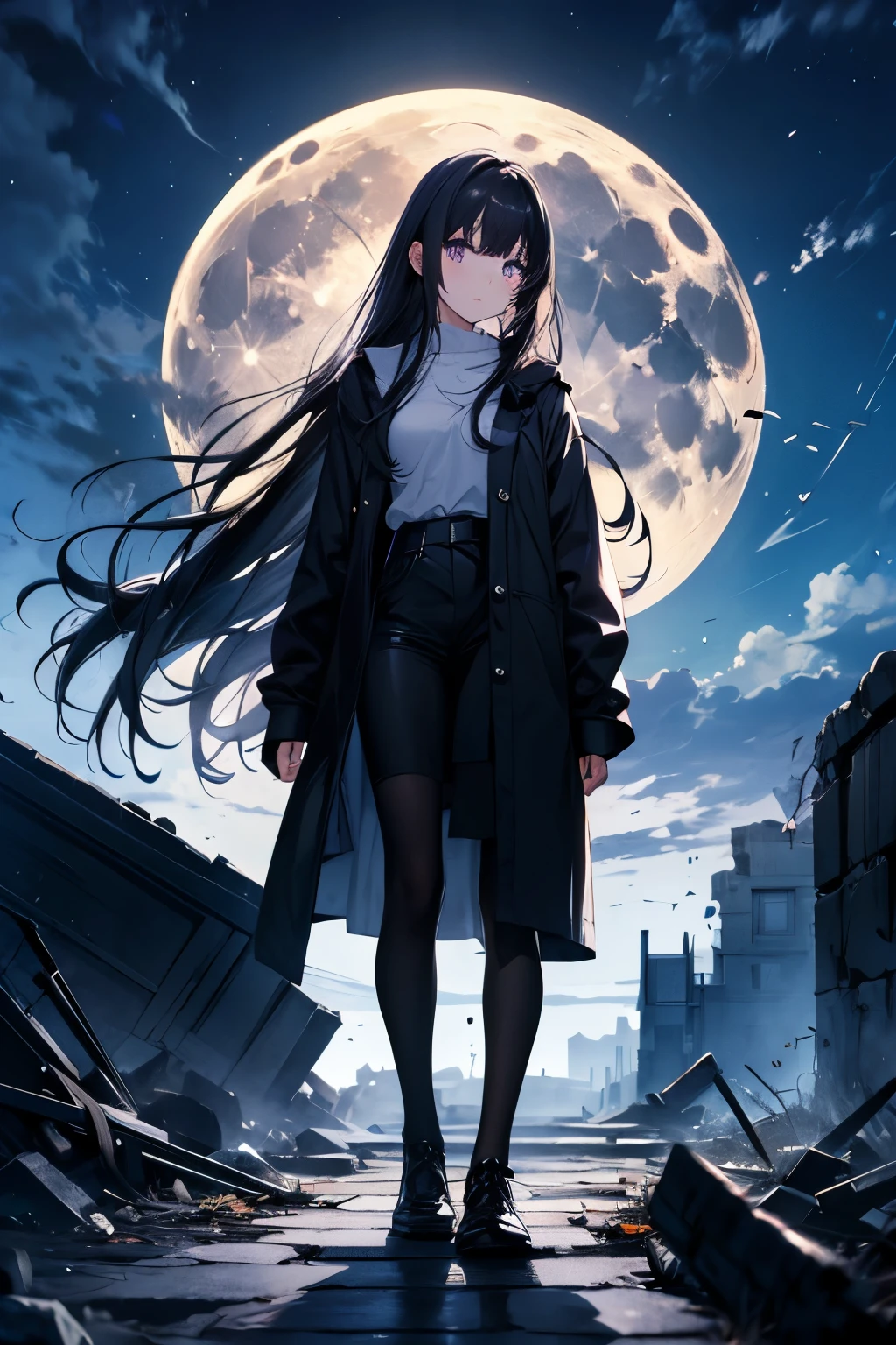 woman、bangs、long black hair、purple eyes、standing、full moon、Moonlight、ruins