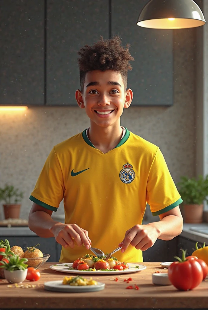 Young football player from Argentina eating a cereal bar
