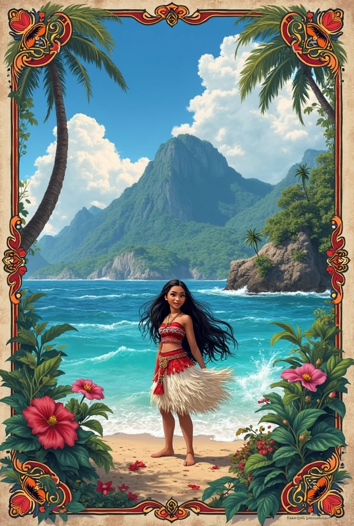epic movie poster, volcano erupting, award winning (full body:1.3) portrait photo of a (moana:1.2), (seashell bikini:1.2), (water goddess:1.2), tribal tattoos, (wading:1.2) in the pacific (ocean:1.1), arms behind head, (partially submerged shot:1.2), (waves:0.9), desert island background, palm trees, beach,fluffy clouds in the sky, outrun, vaporware, trending on artstation, highly detailed, fine detail, intricate, (lens flare:0.9), (backlighting:0.9), (bloom:0.9), [Style-Micro::10]