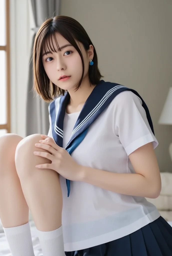 8k, RAW Portrait,Anatomically normal, Perfect Arms,Perfect Fingers,Perfect Legs,Lying in bed:1.5,(Japanese women,White skin,Wet body,Medium sized breasts, Slightly drooping),masterpiece:1.7,Realistic:1.3,Realistic, 超High resolution, Highest quality, photoRealistic:1.1、1 person、(Japanese womenがパンティを披露:1.7,Showing off masturbation:1.5),((Panties wet with pussy juice:1.5)),(sexy lace panties,Small panties,Micro Panties),Highest quality、超High resolution、(Panties close up:1.2),Bold Pose,Sexy Random Poses,In a high-class love hotel room, Age 25, On the bed, ((Spread your legs:1.7,put in,Deep joy,Severe pain,Ecstatic Eyes:1.2),despair, ((close your eyes、take a deep breath:1.2))、Ecstatic face、Natural Makeup, Climax expression、look up、Staring at the ceiling、Endure:1.5)), Through clenched teeth、The whole body is projected, (((High School Girl Cosplay:1.3,Light purple sailor uniform:1.2,See-through clothing:1.2))),Ruffled lace stockings:1.2,( Lovely gentle face) ,Cleavage、Thighs Thighs Thighs Thighs、Glowing Skin、Beautiful back、Beautiful ass、Lots of frilly socks,Short Bob Hair,Official Art,Highly detailed CG Unity 8k wallpaper, (masterpiece:1.0),(Highest quality:1.0), photo shoot, 8k, Browsing Caution, High resolution, Kodak Portrait 400, Film Grain, Lens flare brilliance,View your viewers