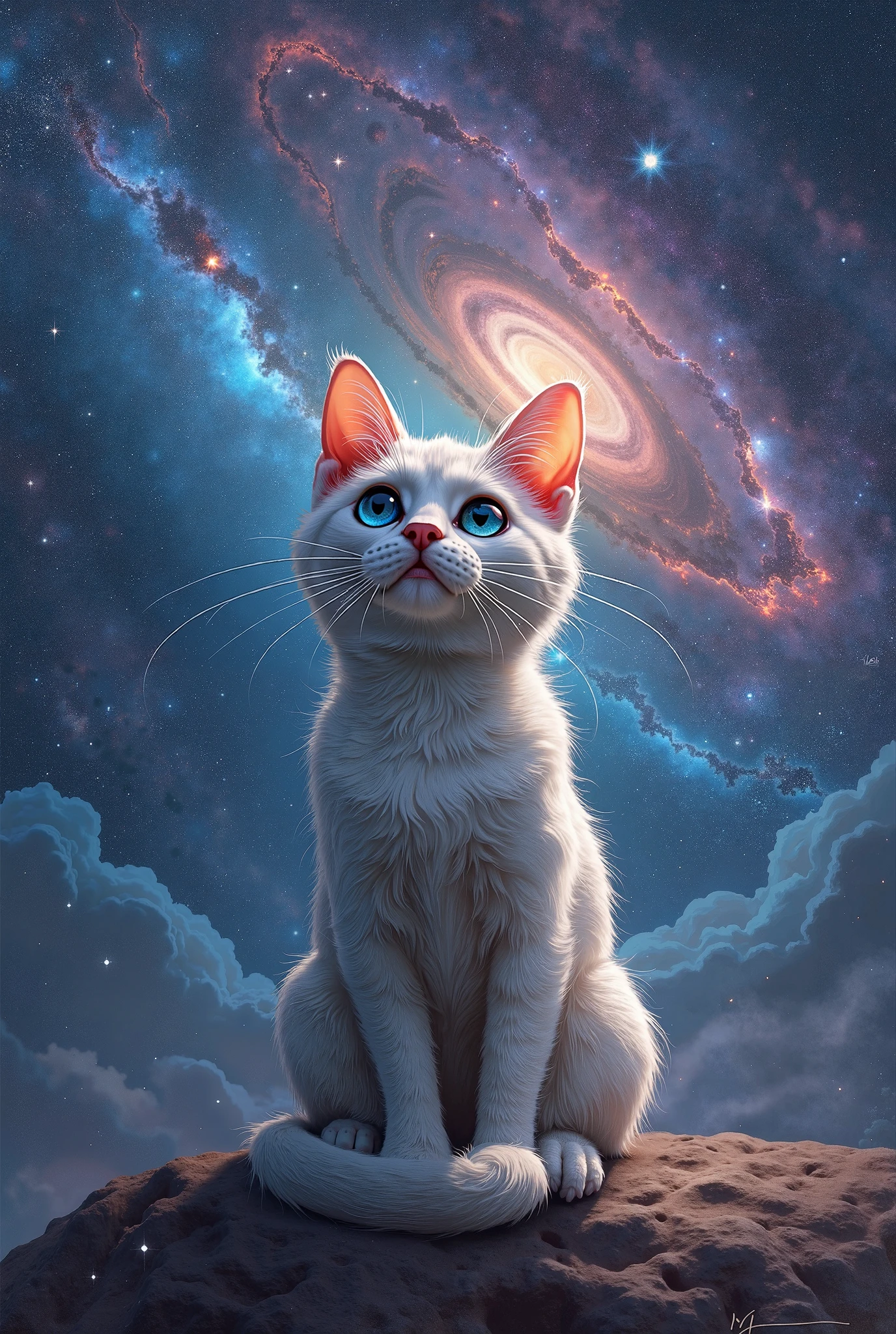 There is a white cat sitting on a rock looking up at the sky - SeaArt AI