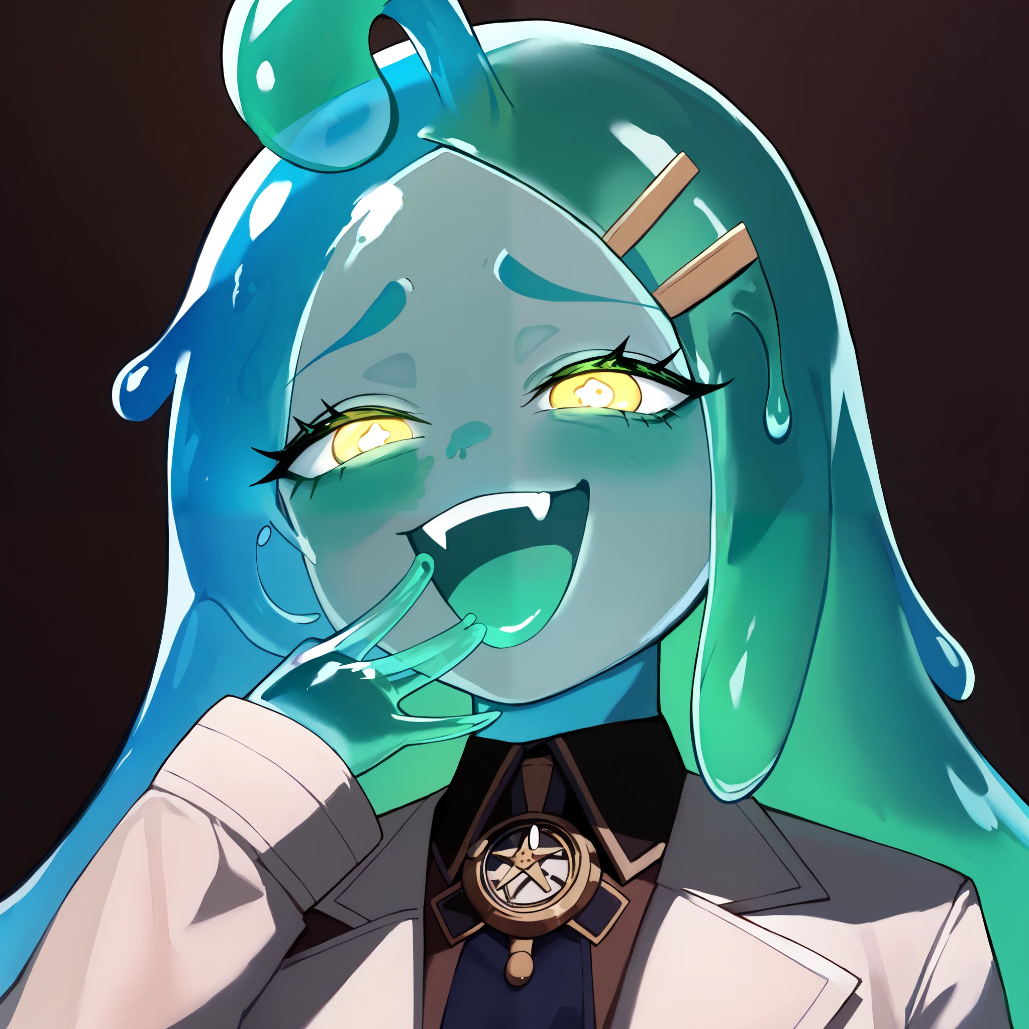 masterpiece, best quality, ultra-detailed, best illustration, (slime girl:1.2),(transparent slime \(substance\) girl body:1.5), (transparent face and skin and body :1.2), himekimeru, Green, Green Pattern, Green color, Green slime, slime, yellow eyes, long hair, bangs pinned back, huge ahoge, forehead, hairclip, white coat, steampunk, renaissance, crazy scientist, small breast, Jolly, crazy, diamond eyes, mohawk, crazy eyes, glowing eyes, mesugaki, smug, skin fang, hand to own mouth