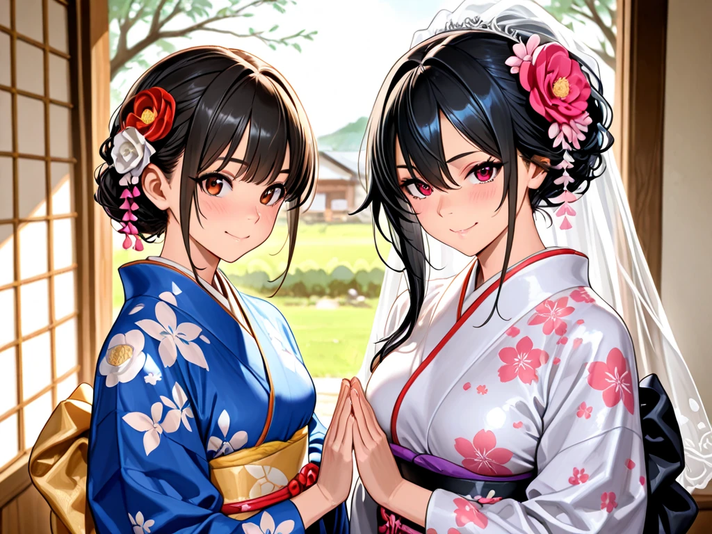 Masterpiece, high resolution, high quality, 2 girls, bouquet, black kimono, big breasts, cat ears, floral pattern, red eyes, black hair, ponytail, white kimono, big breasts, cat ears, floral pattern, yellow eyes, white hair, twin tails