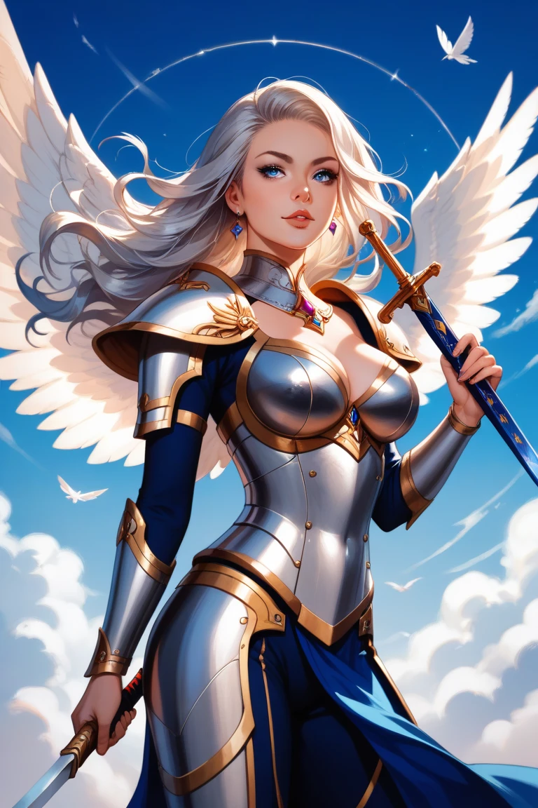 ((best quality)), ((masterpiece)), 8K, beautiful female, symmetric face, gorgeous face, excited expression, detailed Pegas armor, leather armor, full body armor, silver armor, hand in fist, azure aura, focused eyes, white wings, vibrant colors, fighting pose, lots of stars, stars in form of Pegas (high-resolution:1.2)