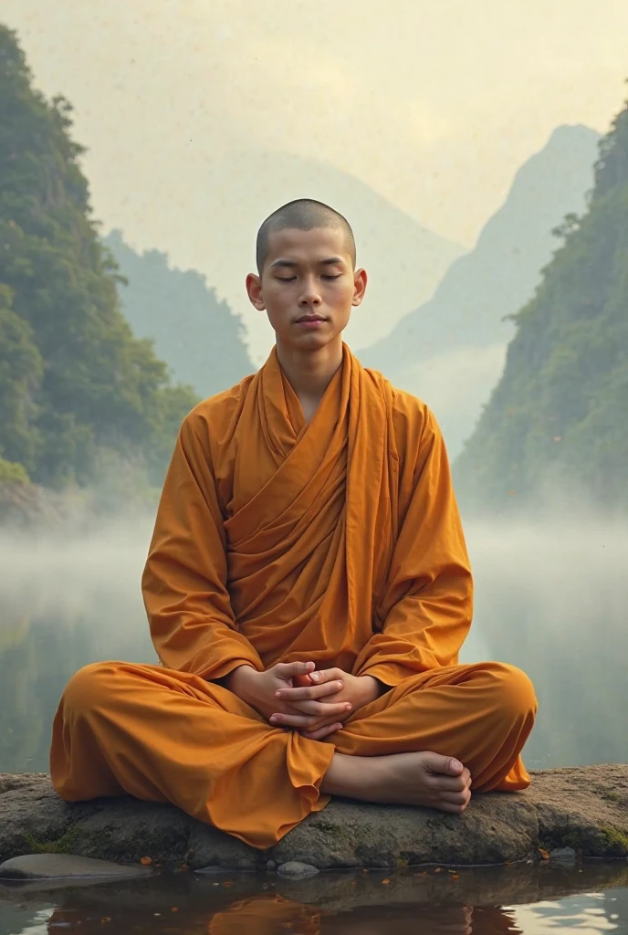 highest quality、highest quality、realistic、unity、8k wallpaper、official art、Highly detailed CG unity 8k wallpaper、Super detailed、High resolution、Physically based rendering、Super detailed,growing up, finely,one young monk, (no hair:1.3), (close your eyes:1.1), (meditating), slim face, young monk, highly detailed face, fine eyes, view, blurred background,  (Front view:1.3), (monk&#39;s robe:1.3), (the robe is not disheveled.), (Sit and meditate in the lotus position:1.3), (Stay away from the camera）, (Facing the camera forward）, frontage, slim face, In the rainforest, professional lighting, (illuminate the face:1.3)
