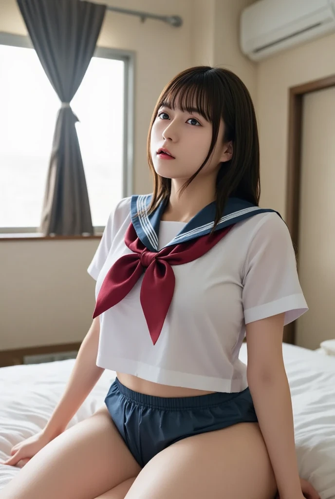 ultra-detailed,highly detailed,best quality,masterpiece,illustration,realistic,
bdsm,serafuku shibari,
1girl, solo, , serafuku,sailor collar,neckerchief, skirt,
rope,bound, bondage, shibari, shibari over clothes, restrained,
looking at viewer, sitting, arms behind back,breast bondage,
indoors,bed,