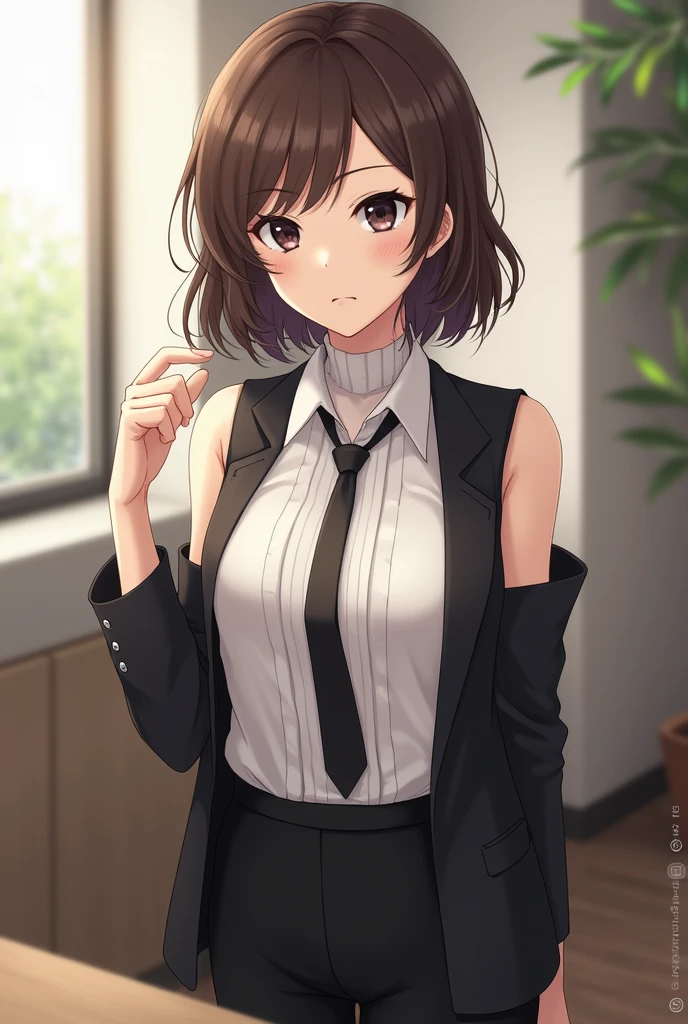 best quality, masterpiece, stoic,young woman, adjusting tie, head tilt, close up, Gray eyes, dark red hair, swept bangs, low twin tails, white ribbons, black off shoulder suit jacket, sleeveless white halter neck collared shirt, tie, disguise, hallway, hotel, carpet, furnished, potted plants, people in background,