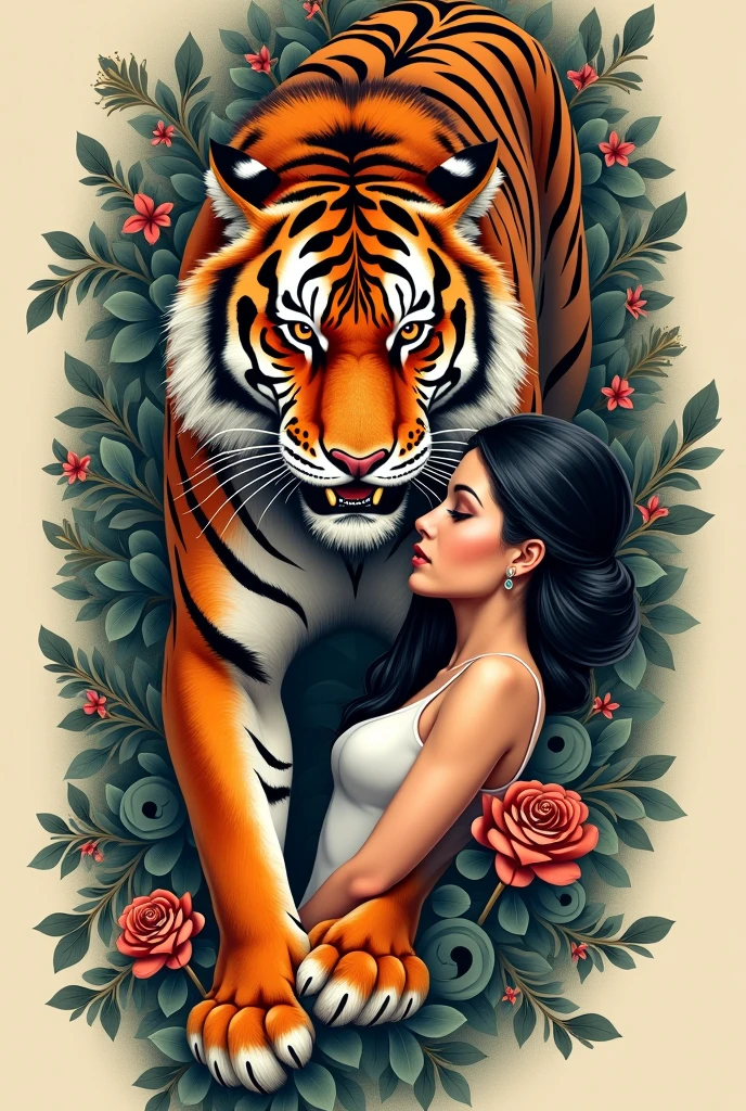 Imagine a striking woman with long, nearly black hair that cascades down her shoulders, her deep brown eyes filled with warmth. She wears stylish red cat-eye glasses and a scarf adorned with London landmarks and icons. Embracing her on the left is a majestic white tiger, its fur gleaming under the soft light. The tiger's face is gentle and affectionate, with captivating blue eyes that radiate love and loyalty towards the woman. Her right arm is decorated with a colorful tattoo, featuring a vibrant skull, flowers, and intricate designs. The background is a dreamy gradient of orange and pink, with a large orange circle framing the duo, adding a touch of mystique to the scene