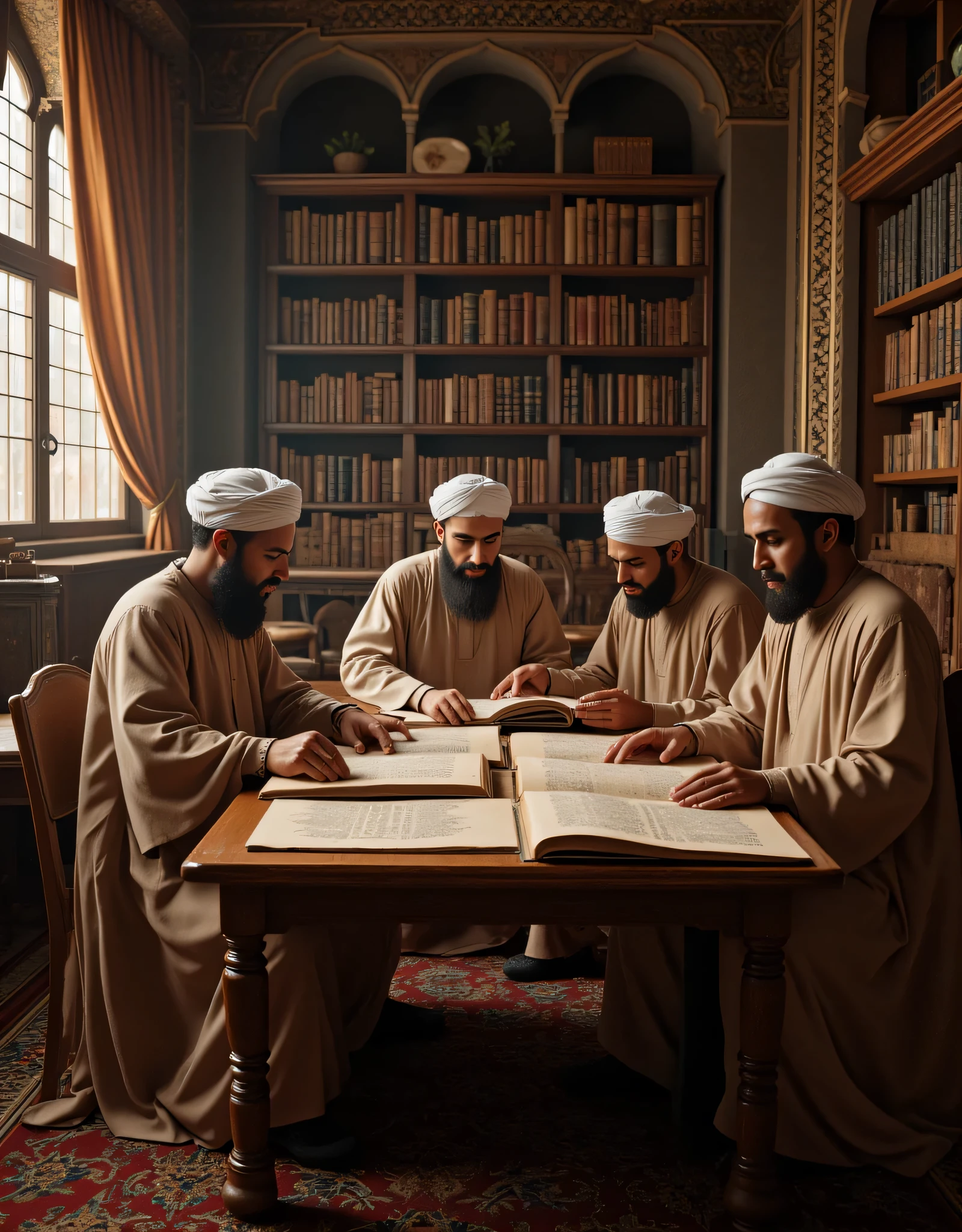 (unreal_engine5:1.2)),medieval islamic era, symmetrically balanced wide angle image scenery center composition, a group of ultra intricately arabic thinkers depiction focusing in their reading activity, study group,(all of them holding reading anciently books:wearing medieval arabic robe wardrobe:wearing head turban),BREAK,(discussion and scientific debate:1.5),BREAK,,,(hyper-realistic),BREAK,,BREAK,(a center wide cinematic angle shot),BREAK,(hyper-realistic texture|best documentary photography:national Geography photography style:masterpiece:best winning awards photography:1.3),(central leading lines:1.3),,((uhd ambience)),(wide_angle|zoom out:1.5),(library:bookshelves on the scenery background:1.5),(mixed lighting concept),(fullest depth of fields:1.3),,(realistic upscale 3dcgi shader),BREAK,(realistic human:fixed accurately full human anatomy:1.3),(lifelike),(ultra-realistic texture depth),(artstation:devianart:1.3),(mid-journeyAi quality:1.3),(catholicPunkAi art),(farcry5 game artwork:2),
