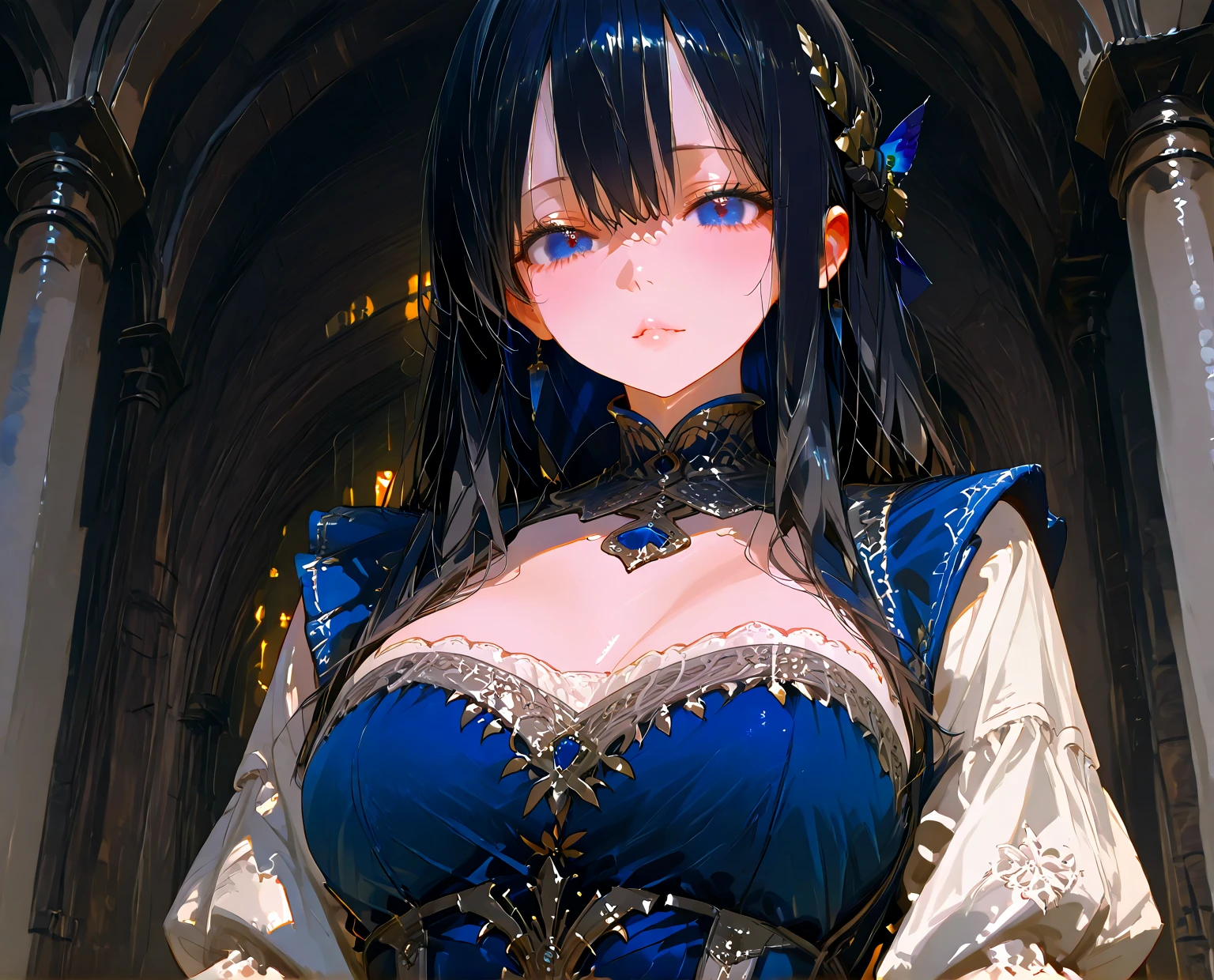 obra maestra, mejor calidad, ultra detallado, 8k, cinematic lighting, mujer en un entorno medieval, vestida con colores vibrantes en su mayoria azul y negro, ojos color azul brillantes, color del cabello plateado, en un entorno frio