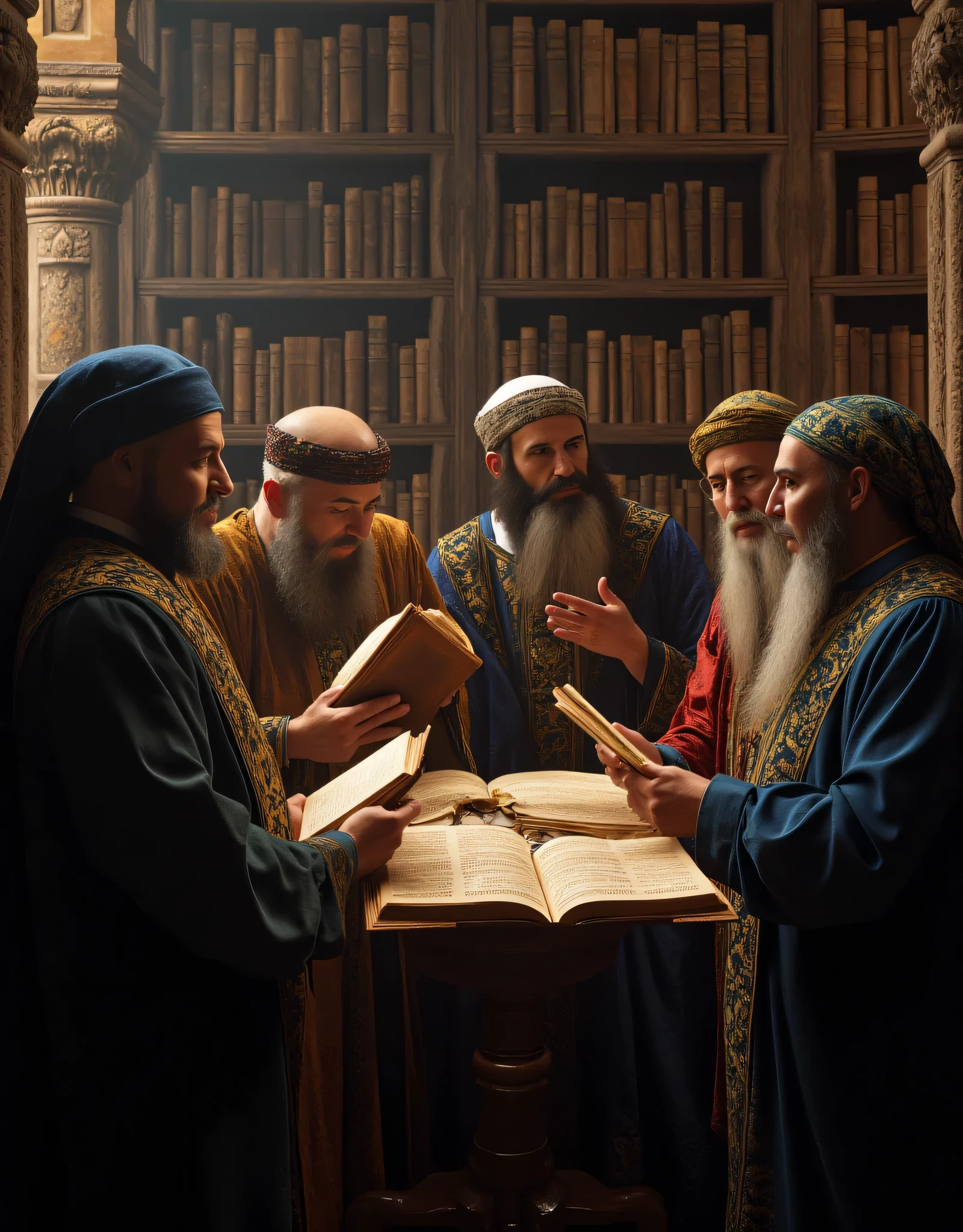 (unreal_engine5:1.2)),medieval islamic era, symmetrically balanced wide angle image scenery center composition, a group of ultra intricately arabic thinkers depiction focusing in their reading activity, study group,(all of them holding reading anciently books:wearing medieval arabic robe wardrobe),BREAK,(discussion and scientific debate:1.5),BREAK,,,(hyper-realistic),BREAK,,BREAK,(a center wide cinematic angle shot),BREAK,(hyper-realistic texture|best documentary photography:national Geography photography style:masterpiece:best winning awards photography:1.3),(central leading lines:1.3),,((uhd ambience)),(wide_angle|zoom out:1.5),(library:bookshelves on the scenery background:1.5),(mixed lighting concept),(fullest depth of fields:1.3),,(realistic upscale 3dcgi shader),BREAK,(realistic human:fixed accurately full human anatomy:1.3),(lifelike),(ultra-realistic texture depth),(artstation:devianart:1.3),(mid-journeyAi quality:1.3),(catholicPunkAi art),(farcry5 game artwork:2),