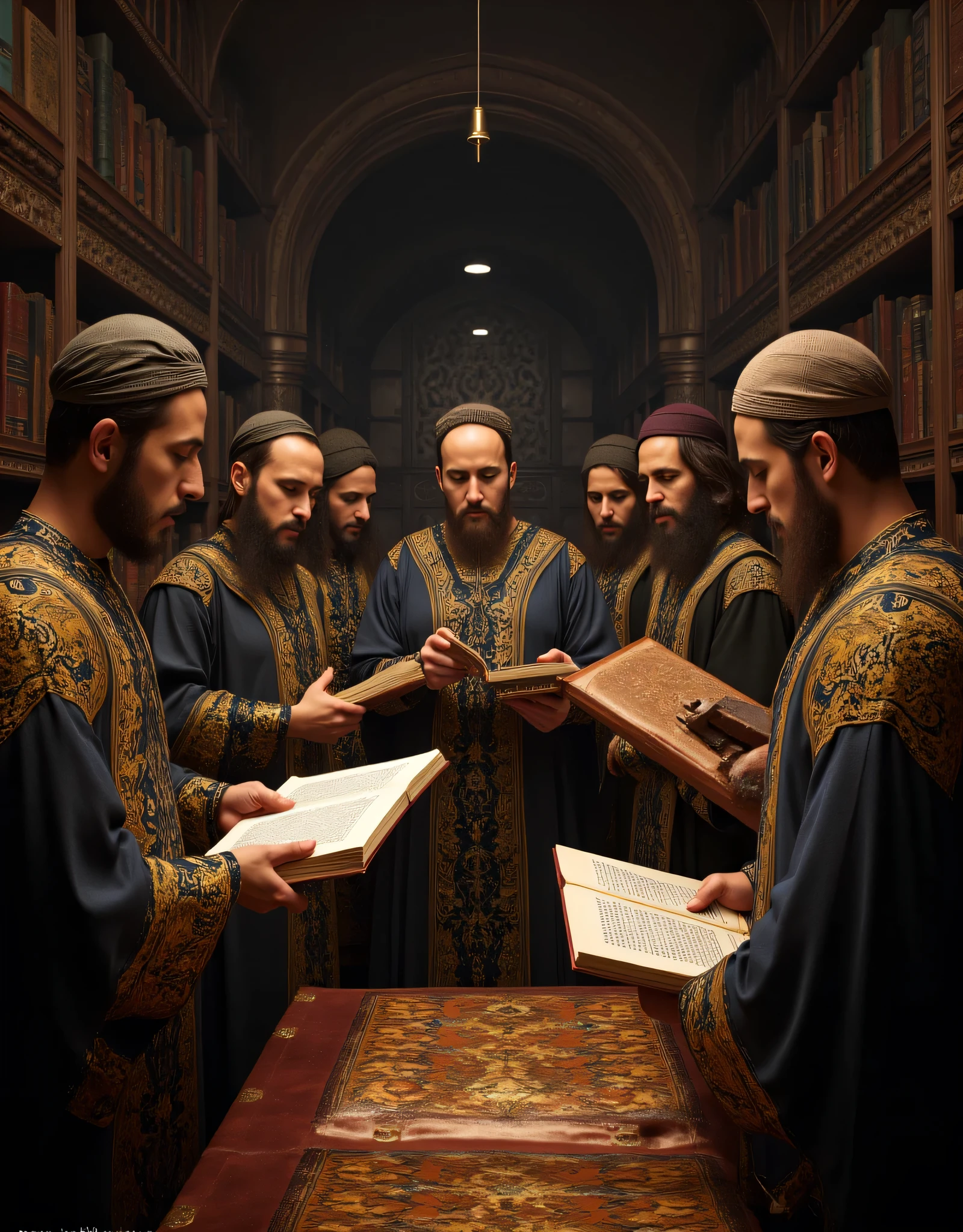 (unreal_engine5:1.2)),medieval islamic era, symmetrically balanced wide angle image scenery center composition, a group of ultra intricately arabic thinkers depiction focusing in their reading activity, study group,(all of them holding reading anciently books:wearing medieval arabic robe wardrobe),BREAK,(discussion and scientific debate:1.5),BREAK,,,(hyper-realistic),BREAK,,BREAK,(a center wide cinematic angle shot),BREAK,(hyper-realistic texture|best documentary photography:national Geography photography style:masterpiece:best winning awards photography:1.3),(central leading lines:1.3),,((uhd ambience)),(wide_angle|zoom out:1.5),(library:bookshelves on the scenery background:1.5),(mixed lighting concept),(fullest depth of fields:1.3),,(realistic upscale 3dcgi shader),BREAK,(realistic human:fixed accurately full human anatomy:1.3),(lifelike),(ultra-realistic texture depth),(artstation:devianart:1.3),(mid-journeyAi quality:1.3),(catholicPunkAi art),(farcry5 game artwork:2),