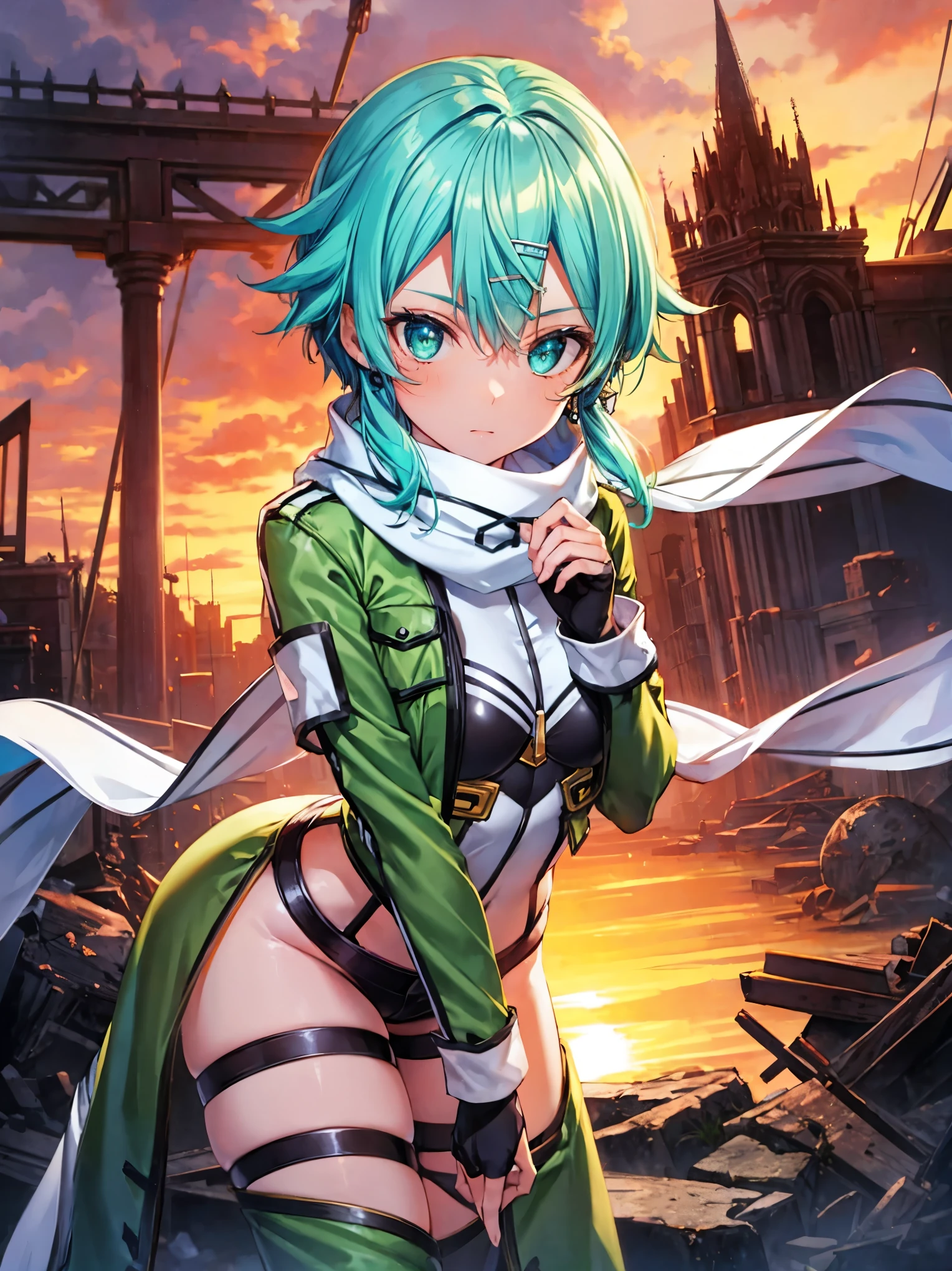 (Masterpiece, best quality, ultra detailed), (perfect anatomy, detailed beautiful soft skin:1.2, ), (enormous breasts, cleavage, cute hips, thin waist), (ultra detailed realistic soft breast skin texture:1.5, focus breast, closeup breast), sinon, sword art online style , jacket