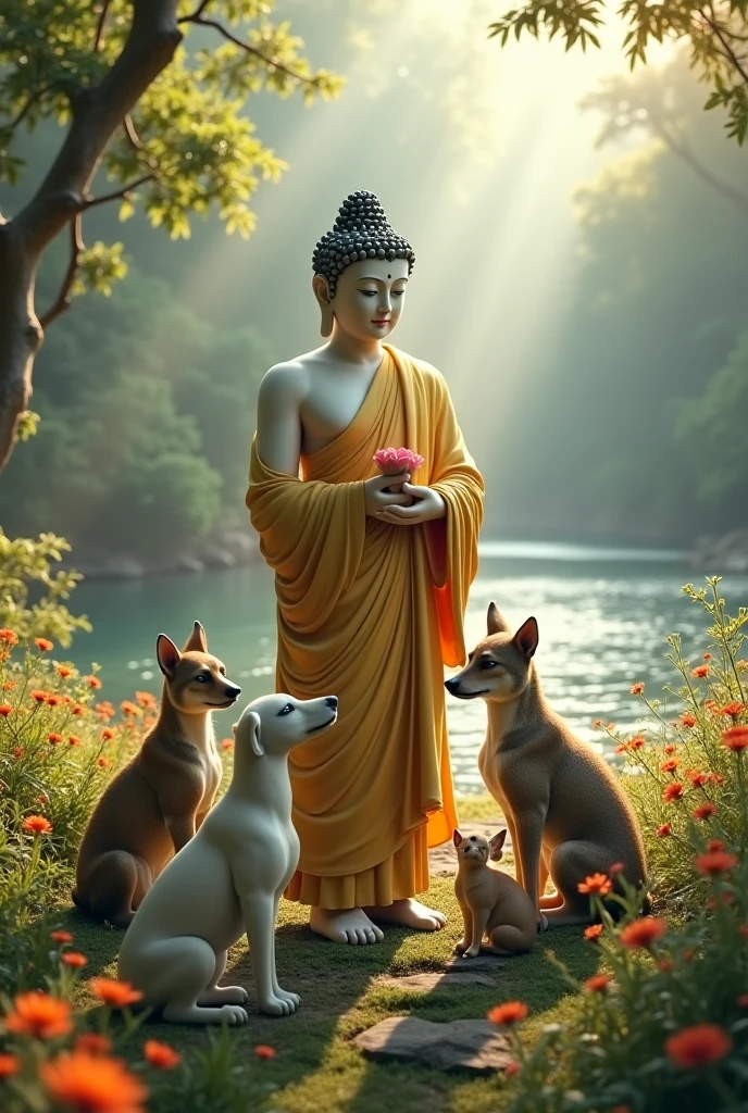 Buddha charitably upon the animals , night scene, Buddha kind on animals 