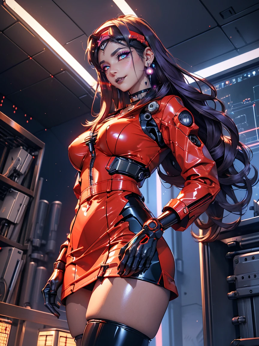 Gorgeous glorious beautiful Brazilian actress, standing near alien ship, pretty face, long silky  purple hair, red lipstick, in red latex costume