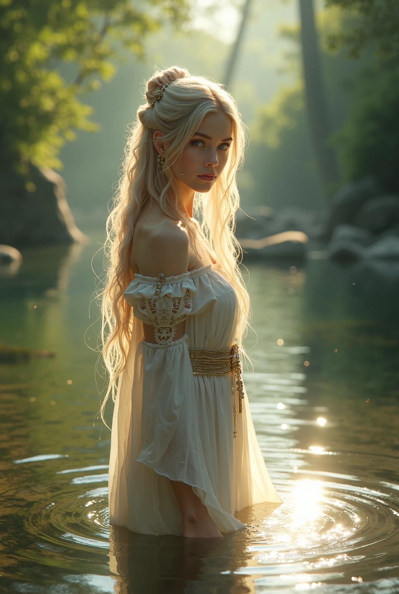 (a beautiful girl|a young woman|a graceful lady) with (shimmering|glistening|silver) ankle-length hair, wearing a (delicate|airy|flowing) tribal outfit (made of|spun from) (fine|delicate) (spider silk|silk), (resembling|similar to) a dark elf. She appears to be around 25 years old. The (immaculate|intricate) tribal patterns on her outfit add to her (mysterious|enchanting) aura. Her (piercing|alluring) eyes are (bright|sparkling) and (full of determination). Her (lipouth) are perfectly shaped and adorned with a (subtle|gentle) hint of color. She is (gracefully|elegantly) (bent down|crouching|stooped) by a (clear|crystal-like) stream, delicately gathering water with her (bare|long-fingered) hands. The stream's clear water reflects the surrounding (lush|vibrant) vegetation, adding a (serene|calming) touch to the scene. (Sunlight|Gentle rays of sunlight) peep through the canopy, (illuminating|highlighting) her (radiant|luminous) features. The atmosphere is filled with a sense of tranquility and (harmony|peace). The image quality is of the utmost importance, with (best quality|4k resolution|ultra-detailed) details. The colors are (vivid|rich|deep), enhancing the overall (visual impact|aesthetic appeal). The lighting is (soft|gentle|subtle) yet (enough to accentuate|perfectly highlighting) the girl's facial features and the landscape. The blend of (nature-inspired|ethereal) tones and shades adds a touch of (mysticism|magic) to the artwork. The artistic style successfully combines elements of fantasy and realism, with a focus on (capturing|portraying) the girl's (natural beauty|ethereal grace). The scene is reminiscent of a (captivating|enchanting) artwork that invites viewers into a world of wonder and awe.