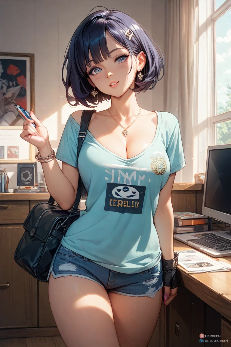 melhor qualidade, 1 garota, ((olhando para o espectador)), cabelo azul escuro, olhos pretos, cabelo muito curto, cabelo espetado, ahoge, Camiseta, jeans de cintura alta, 171cm, Messy hair, cabelo entre os olhos, medium breasts, seios grandes, gordo, pele escura, moleca, adulto, 20 anos de idade, 1 garota, Sozinho, single, sorriso, quadris largos, coxas, standing, messy room, quarto, prateleiras, DVDs, livros, video games, computador, CDs, discos de vinil, Fitas VHS,