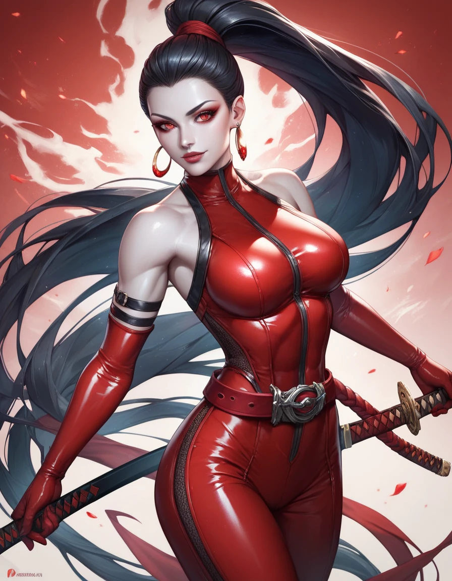 ultra-detailed, Explicit, Beautiful body, Beautiful Nose, Beautiful character design, perfect eyes, perfect face, ultra highres, 4K, beautiful legs, perfect legs, Nice hands, Perfect hand, Masterpiece, Best Quality, Highly detailed, illustration, absurdres, street fighter, doll suit, shadaloo doll, dollsuit, expressionless, blank eyes, looking at viewer, red gloves, emotionless, black latex, corrution, mind control, female combatant, full body, hypnotized, unhappy trance, full body suit, ribbed bodysuit, both arms at side, obey, perfect female body, extremely glossy latex, hypnosis, hypnoLora, empty eyes, Mind control device, poses, submissive_pose, Slave, hat, necktie, stand up straight, standing, standing at attention, hat, necktie, belt, latex, ribbed bodysuit, thighhighs, garter belt, Fighting Stance, extending the right arm from the shoulder into the air with a straightened hand, nazi saluting, military, military saluting, salute, thigh boots, solo, 1girl, Nohime, Sengoku BASARA, black hair, braid, long hair, purple eyes, flower