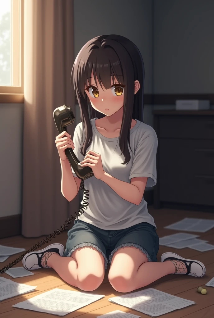 Anime girl, 1 girl image, 9:16, crying, talking on phone call, sit on the chair with study material