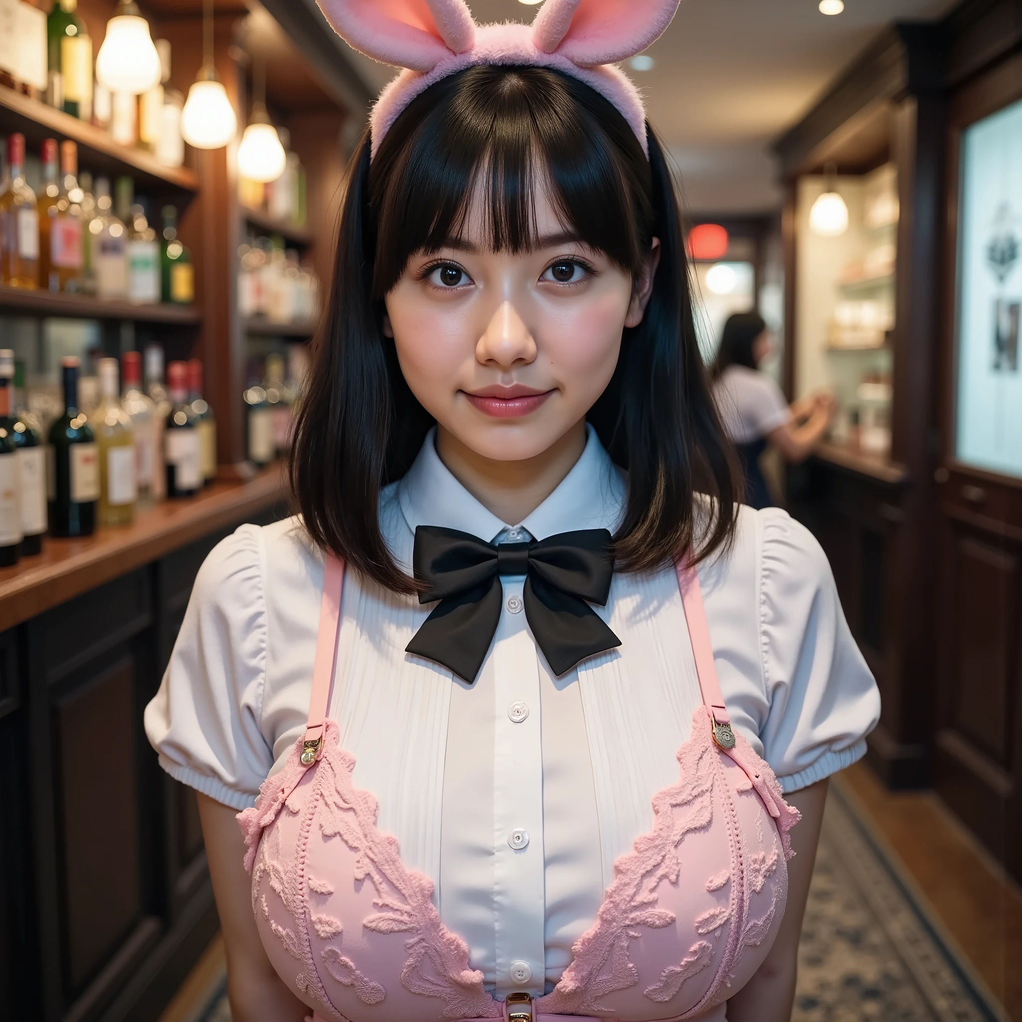 Genuine, rating_safe, High Res Images, masterpiece, high quality , very well detailed, More Information on Black Hair , sharp detail, 1 girl, young Japanese woman , スタイリッシュなyoung Japanese woman , Big Breastsをセックスするバニーガール, small head walking on the street, Small face, Face with beautiful face and clothing details, ( naked, full frontal :1.2), ( Bunny Girl Costume 、 I'm guiding you to a sex shop , color, bow ties, black heart shaped nipple sticker and tassel , flip flops , inverted arm cover gloves from masturbation , cuffs, thigh length boots :1.2), front view, viewer, perfect hands, perfect anatomy, (( nightclub、 middle school student ))、((( hands behind her back 、 turn their backs ))), bar counter、(I' Crouch)、(( In night club ))、((Inside a dark bar ))、(( oily skin , shiny skin ))、 ( face up )、( Big Breasts )、(( pink and black mesh hair ))、(( sticks out her chest ))