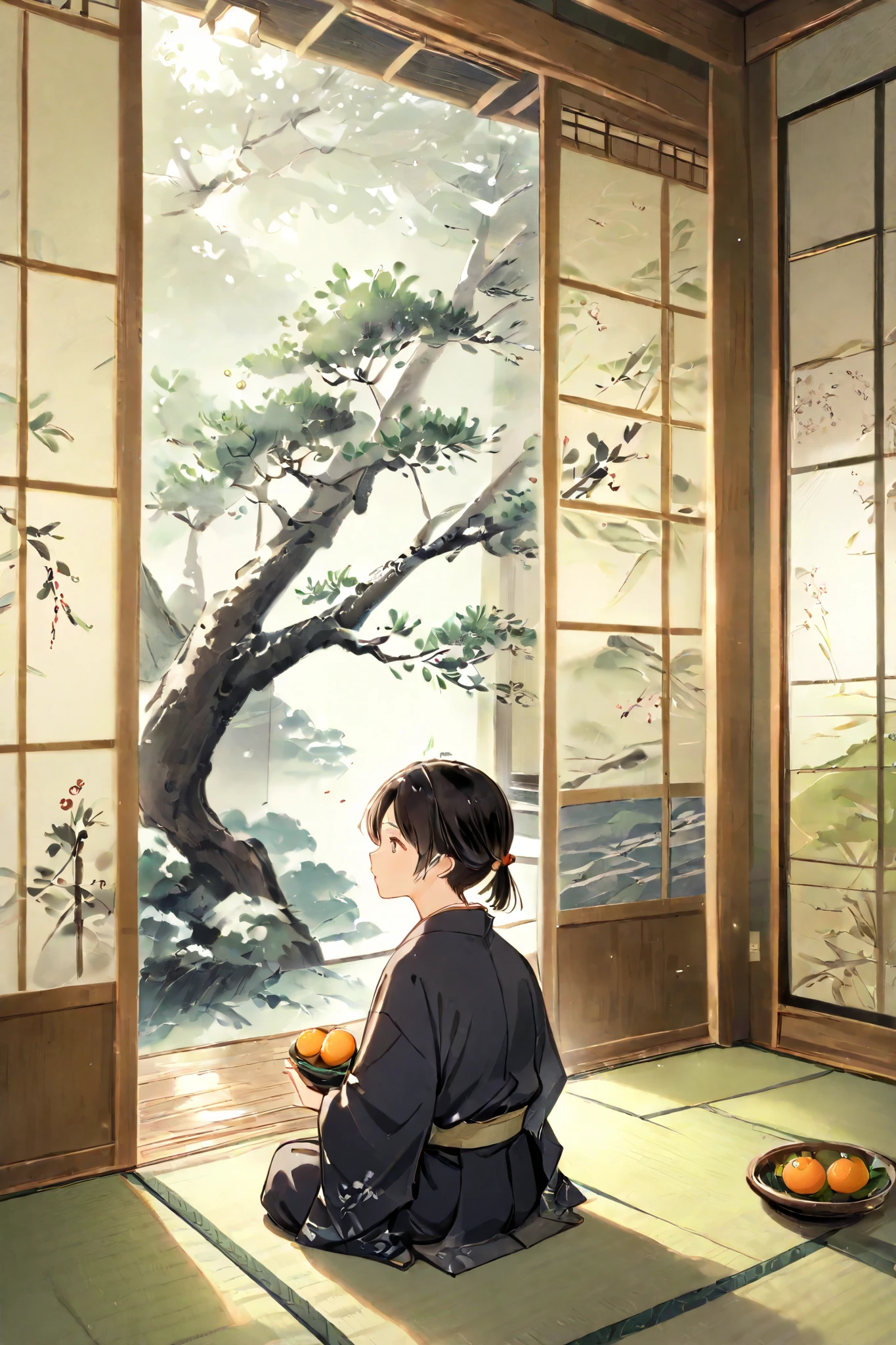 A boy finds it difficult to pick tangerines in a Japanese tatami room