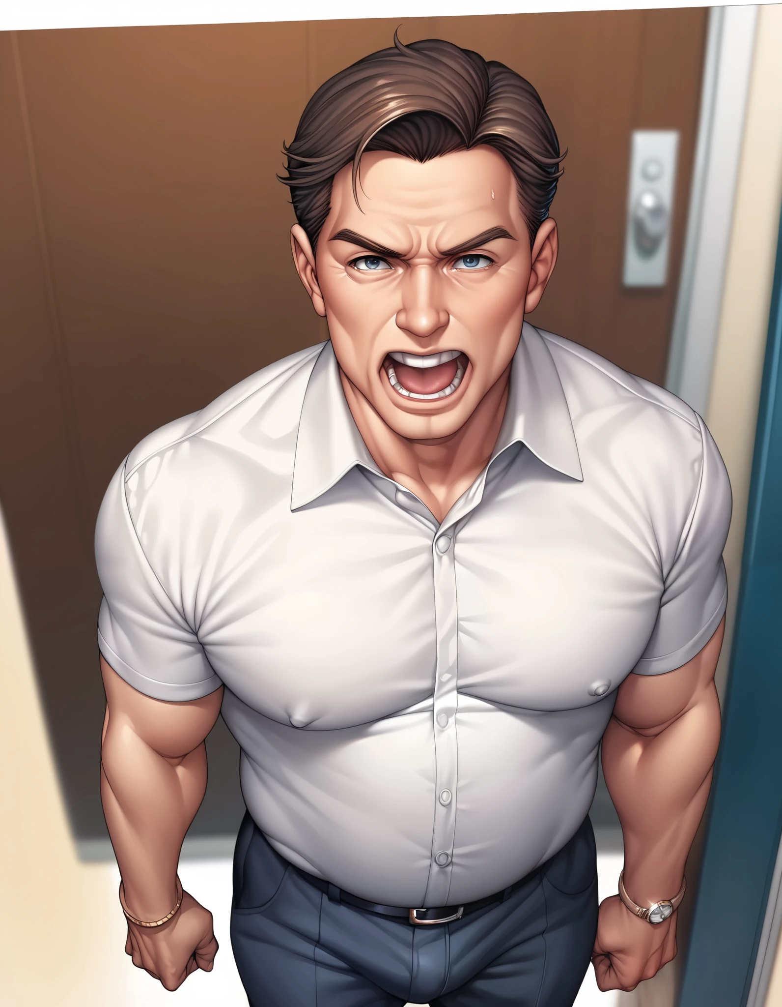 score_9, score_8_above, score_7_above, source_anime, 1 boy, 1 man, mature man, Father and stepson , mature man, screaming moaning , looking at the viewer, The father is seated , the stepson is clutching the father , tight clothes, fair white , from behind, ( focus on his hips ), Walking on top of his stepson volume