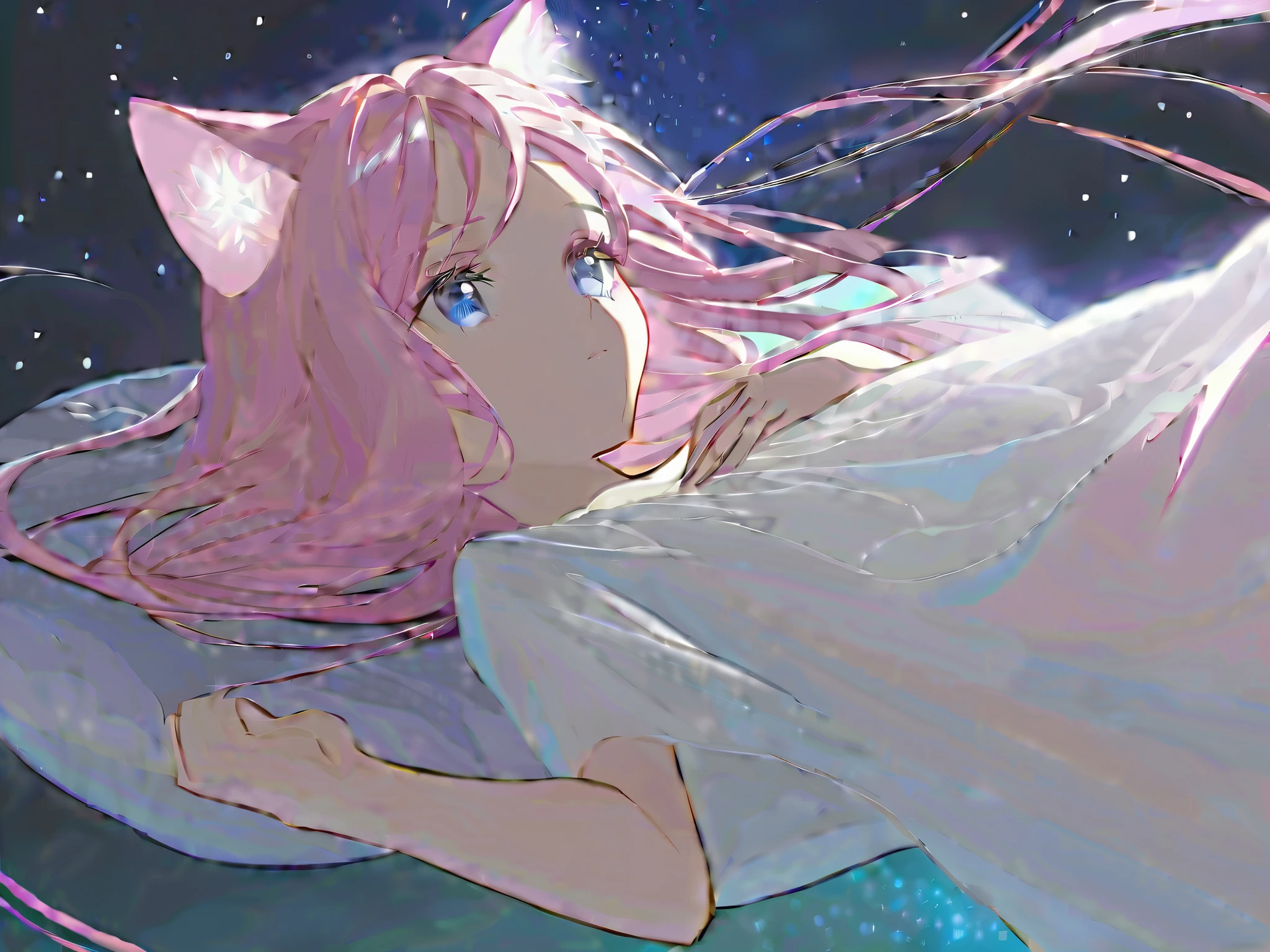 A young girl with (pink bob hair and cat ears) is floating gently in midair, lying on her back. Her soft hair flows as if she is weightless. She is holding a fluffy cushion close to her chest, embracing it gently. She is (not looking at the camera) but gazing upwards, her expression calm and dreamy. Her delicate dress drapes around her, enhancing the floating sensation. The background is a dreamy, ethereal space with soft, glowing lights or a twilight sky with subtle stars. The atmosphere feels peaceful and surreal, evoking a sense of serenity and wonder. The art style is highly detailed, semi-realistic with a touch of fantasy.
