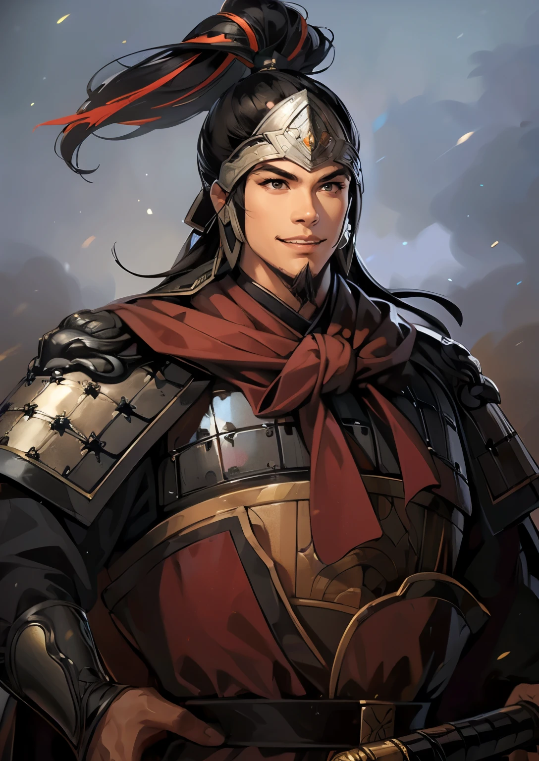 (((Maintain color ))), ((( picture style maintenance ))), ((Maintain the composition)), Attractive Man , perfect face, ((black eyes)), (( black hair)), General in armor, smile