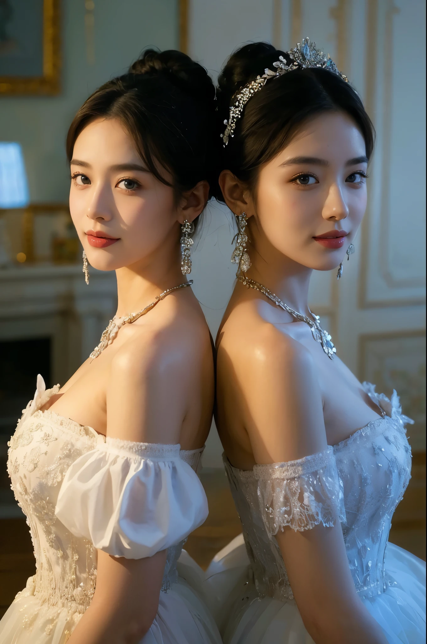 The Great Hall of the Castle，Highest quality,masterpiece,Ultra-high resolution,(Realistic:1.4),Xiuxian,arms,Detailed face,Two Girls,Cleavage,(magic circle:1.2),Xiuxian,Upper Body,beautiful girl,whole body,east asian building,sheath,Medieval dress