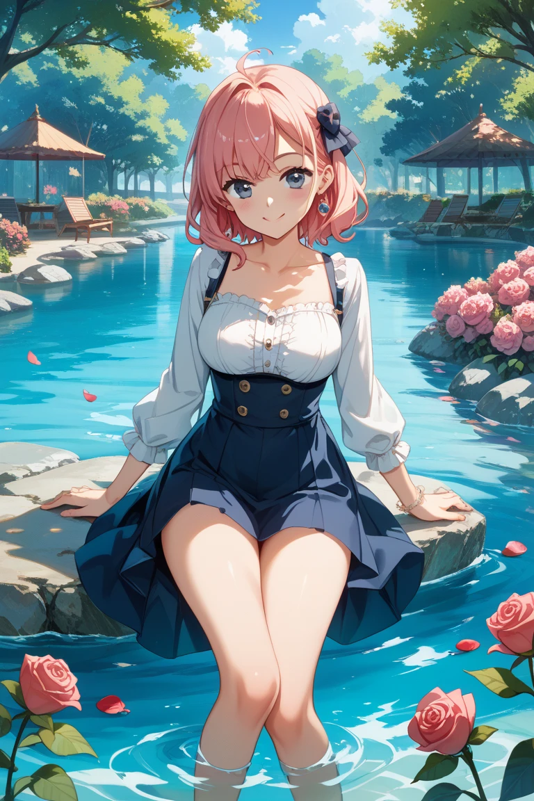 one pretty woman, face detailed, high qualiy, realisitic, foto realisitic: 1,37, (best qualityer, 4K, 8k, high resolution, Masterpiece artwork: 1,2), (((Shouko Nishimiya))) ultra detailed down to the smallest detail, bright coloured, natural lighting, detailed lips, details Intricate , pele realisitic, gorgeous eyes, long eyelashes, delicate features, feminine expression, flawless complexion, elegant pose, natural lighting, softfocus, Warm Color Palette, fully body, she is very sexy half naked with a very sexy blue school skirt showing off her beautiful legs and her pink panties and a white shirt with a wide blue collar and a blue bow slightly showing off her breasts in a sensual cleavage she is on top of a small bridge feeding the fish with a piece of bread with small trees and flowers around it and a beautiful city around it 