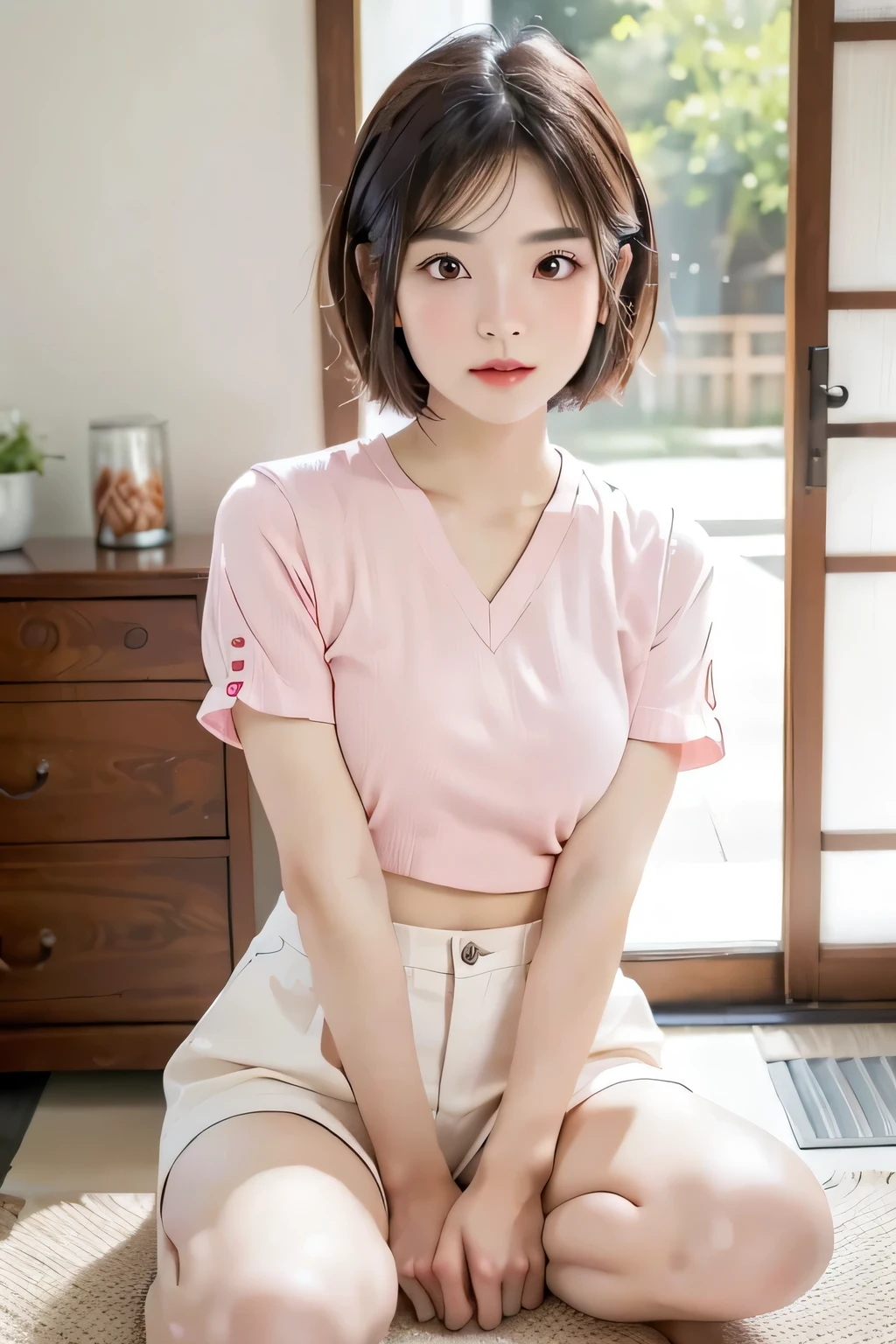 ((Highest quality, 8k, masterpiece :1.3)), 1 innocent girl:1.3, ( short hair,jiraikei fashion,white shirt,pink shirt :1.2), very detailed face holding chopsticks on it, beautiful eyes, double eyelids,full body, cute face ,( ),( realistic face),(real skin), smart body , Hips are facing forward , half Japanese and half European,Sexy features、is sitting、Open Legs、 Transcendental Beautiful Girl