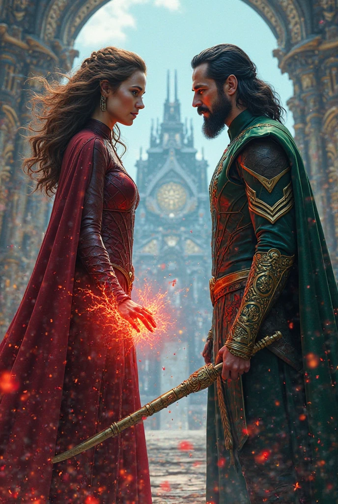 two men, 2boys, masculine, masterpiece, hyper realistic image of extremely attractive 30 year old man, round face and stylish silver hair, wearing luxurious red renaissance wizard robes, exposed chest, ornate luxurious wide brim pointy witch hat, tall leather boots, passionately kissing another handsome 30 year old latino man with light brown hair, storm clouds in the background, lighting strikes, ground on fire, highly detailed, intricate details, sharp focus, dynamic lighting, dynamic shadows, no watermark
