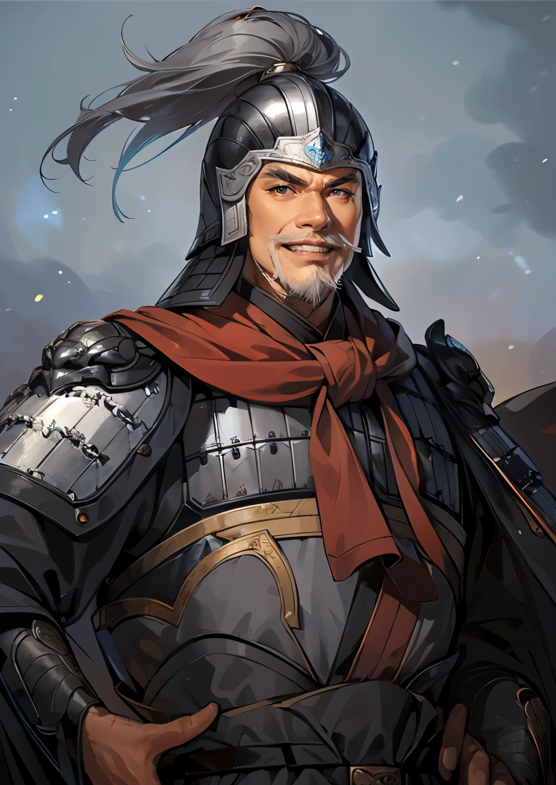 (((Maintain color ))), ((( picture style maintenance ))), ((Maintain the composition)),  Attractive Man , perfect face, ((black eyes)), ((Gray hair)), ((old man)), 중후한 old man,  General in armor, smile