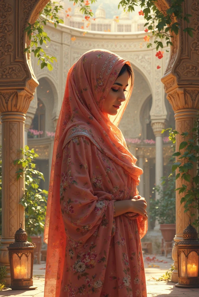 a old beautiful adult girl wearing a shawl hijab with a drawstring chiffon top, wearing a tiered chiffon skirt with floral motifs, wearing a watch and bracelet, wearing beautiful sandals, wearing a small leather backpack on her back while smiling happily, is in a fairy tale house, there is a mushroom house and there are 4 a beautiful fairy in human form and seven dwarfs