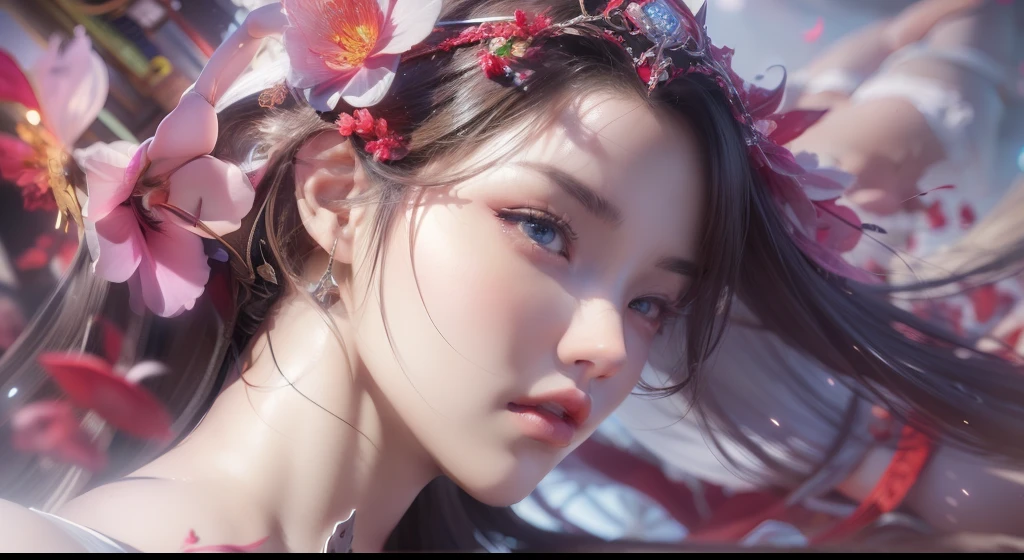艺术背景Artistic Germ.  High Detailed Texture ，panoramic，1 Girl，Girl interacts with a black dragon，Blur red petals and graphic fusion， with only one character，plump woman，beautiful young woman with white conceptual dress with white high slit dress，cloak，hood， riding a white horse ，（Templar style），Red Cross tattoo，White princess hair，Sculpted body，perfect blue and beautiful eyes，watery big eyes，Eyes with reflective pupils，Moist lips，Glowing painting，ultra-sharp，realistic，32K，ig Model  | Artistic Germ, Extremely detailed artgerm , Artistic Germ. Anime illustrations, Artistic Germ.  High Detailed Texture , artstation pixiv上的Artistic Germ, Fanart Best Art Site, detailed digital anime art, smooth anime CG art, Deviantart ArtStation CGSCOSIETY,  8K high quality detailed art ，[maximum accuracy 4K rendering] ， theme setting : {Baby portrait}, Image quality parameters:  8k resolution::2, super sampling rate x4::1.5, ZBrush level surface segmentation::1.2, eye system: [crystal spherical cornea] [multi-layer iris structure: radial collagen fiber texture+Fresnel highlight] [dynamic tear film reflection::1.3], Skin system: Subsurface dispersion(sss)Intensity 0 .7::, Curtis layer simulation( cm³

3 .02mm)::, sebaceous gland distribution density 120/cm² ::,  optical configuration :  ring softbox (5600K +3200K double color temperature)::2, Tyndall effect volume light::1.5, Fresnel edge light attenuation::, Enhanced Parameters : normal mapping intensity+40%::, specular sharpness 0.92::, anisotropic 16x::, art style: hyperrealistic CGI::2, visualization level accuracy::1.5, Zeiss Otus lens simulates::1.2