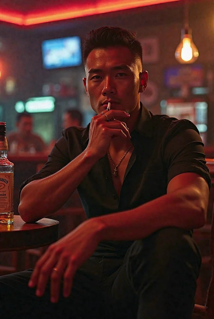 Gangster), dramatic lighting, (he is korean), he is 20, he is very attractive, (he has a square jawline), (he has a menacing demeanor), (he has short green hair), (he has an athletic physique), (he is wearing a black beanie), (he has a smug grin), (he has purple eyes like a snake), (he is drooling), (he is wearing gray cotton sweatpants), (he has a large bulge), he is wearing gold chain necklaces, (he is sweating profusely), (many tattoo's), (bulging veins), (playing cards in the background), skulls in the background, (semen splatters), (angry glare), (roulette wheel in background), (NSFW), (explicit), head is facing downward, (dark), (neon blacklight lit casino), (he has tan skin), (he is wearing a baggy pink sweatshirt), (his sweatshirt is soaked with sweat), tall, broad shoulders, very dark lighting, (a black snake is coming out of his mouth)