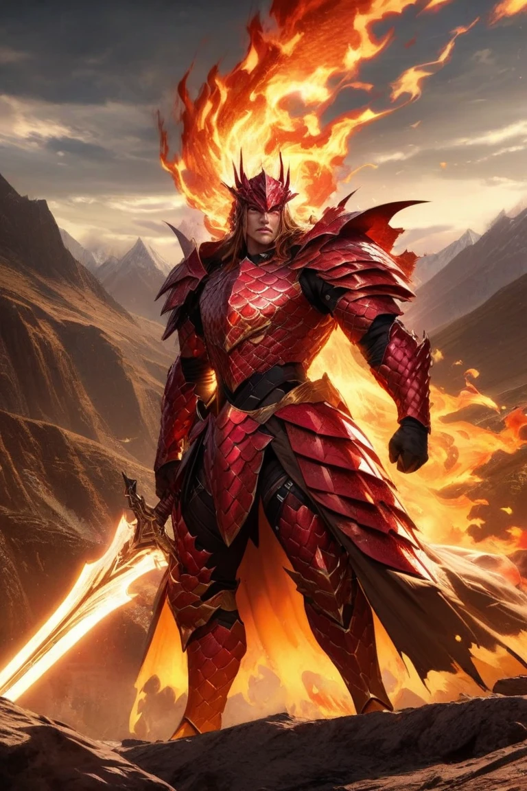 Western Dragon, Exudes divine light, Golden dragon horn, Spread your wings, The sky glows gold, patron saint of, Humanoid monsters, Red cape, Wearing golden armor, Holding a golden katana, Strike a fighting stance, cinematic lighting, ray tracing, chiaroscuro, from above, Wide-Angle, f/1.8, UHD, retina, masterpiece, ccurate, textured skin, high details, award winning, super detail, best quality, high quality, highres, 16k, ultra detail texture