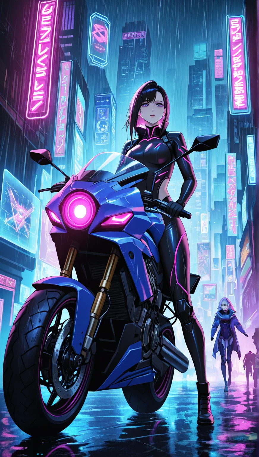 Futuristic Girl。Riding a motorcycle。