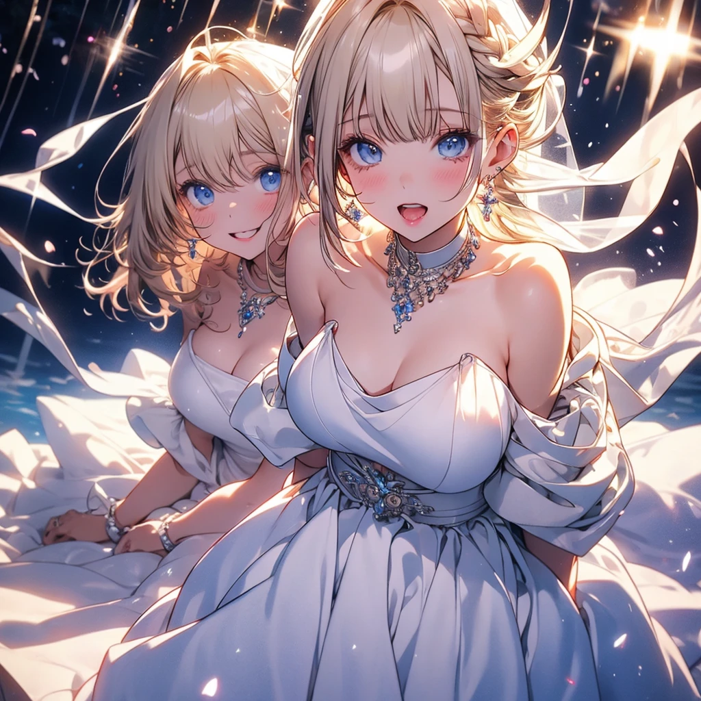 Hikari \(Xenoblade\), One girl, armor, bangs, Exposing shoulders, Blonde, chest, chestの谷間, Mouth closed, dress, Earrings, elbow gloves, eyelash, Floating Hair, gem, gloves, hair ornaments, hair band, Headpiece, jewelry, large chest, Lean back, Long Hair, Neon Trim, Official Art, Pause, saitou masatsugu, Side Lock, Fits perfectly to the skin, smile, alone, Are standing, swept bangs, tiara,very Long Hair, white dress,grassland