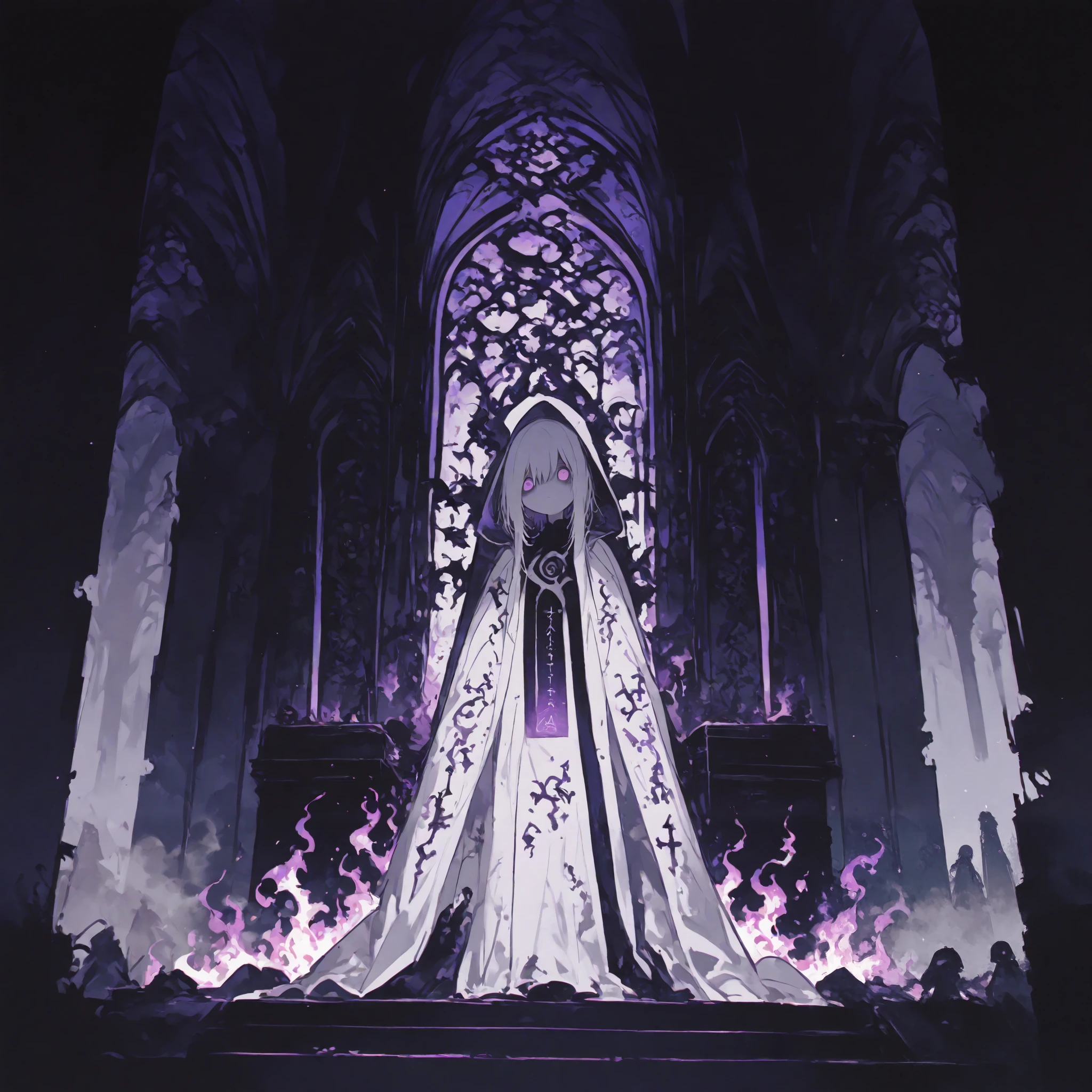 General,Komeshiro Kasu style, r17329_illu,usnr,hzk,(masterpiece, best quality, illustration, soft colors, ultra-detailed) A close-up of a sorrowful, purple-eyed demon standing at the center of a dark, fog-covered altar. They are dressed in torn, ceremonial robes, surrounded by symbols of an ancient religion. The night sky is shrouded in thick mist, illuminated only by the faint glow of purple flames. The figure’s expression reflects the pain of betrayal and persecution, as the symbols around them signify a dark prophecy.