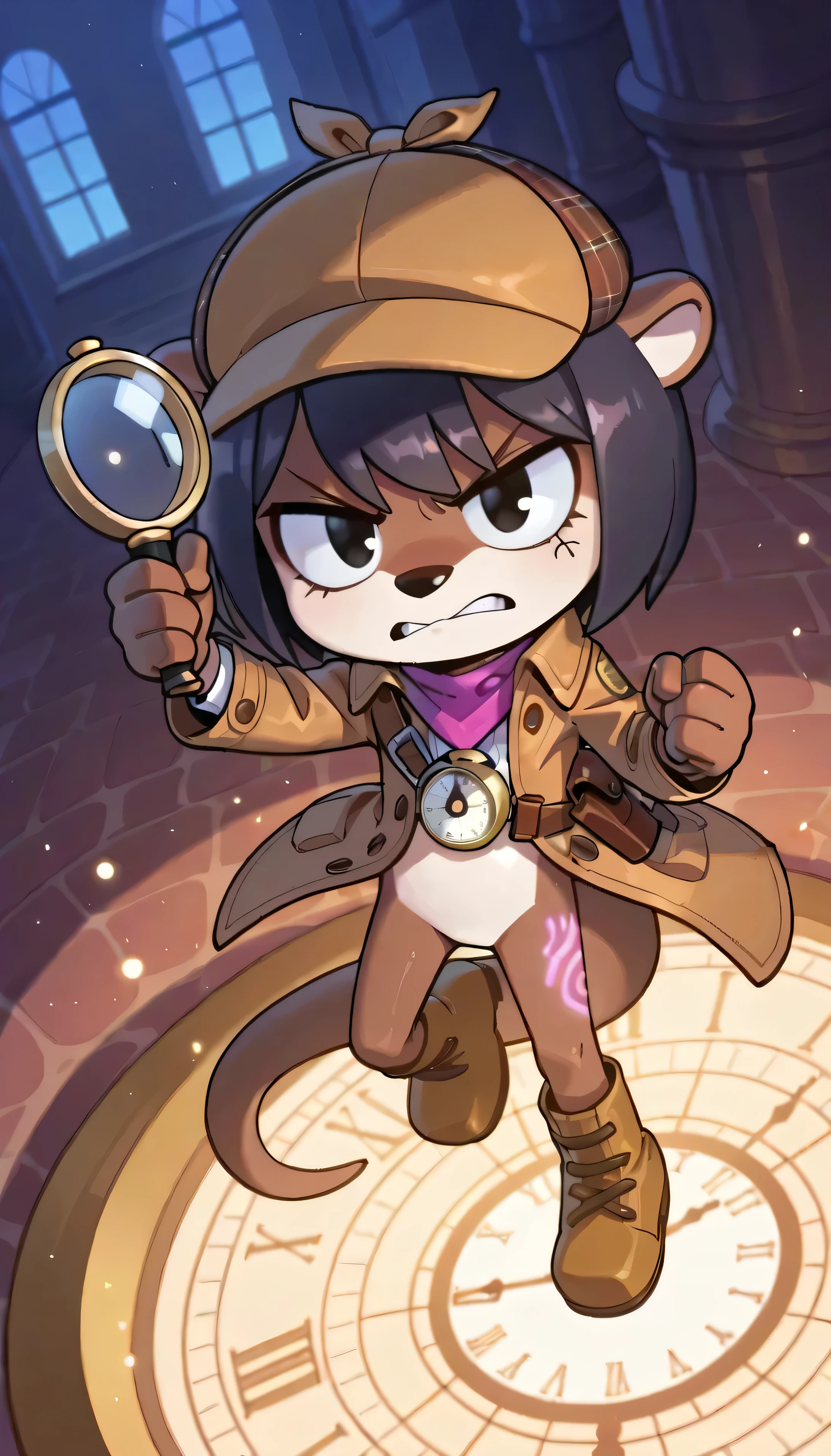 score_9, score_8_up, score_7_up, 1boy, chibi, solo, masterpiece, best quality, amazing quality, very aesthetic, absurdres, source furry, furry chibi, otter, black eyes, two tone body fur, brown body fur, white body fur, dark black hair, short hair gothy, otter, otter ears, otter features, looking at viewer, oily skin, (short body, tiny body), big head, closeup, ((detective vibe clothing, detective coat, detective_hat, half naked, shoulders, bandana)), full body, otter tail, crime scene indoor house background, light power, dark purple particles, otter tail, hand with 4 fingers, glowing tattoos dark purple on face, holding a large magnifying glass, skirt, chest_wear black sleeve, small chest, action pose, fight action, ((holding revolver)), gun strap_legging, jumping at you, dynamic angle, angry mixed calm, searching clues, epic portrait,