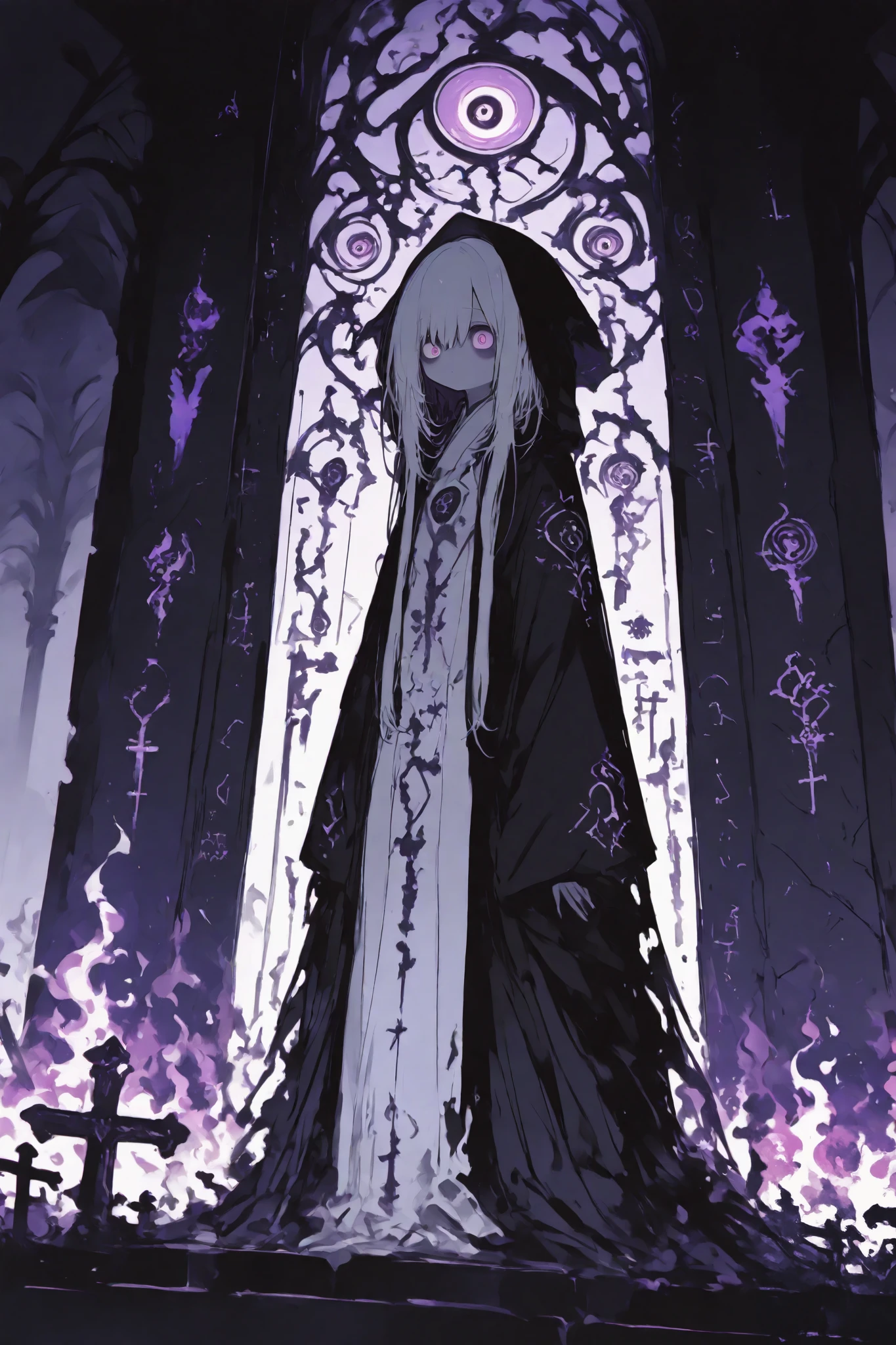 General,Komeshiro Kasu style, r17329_illu,usnr,hzk,(masterpiece, best quality, illustration, soft colors, ultra-detailed) A close-up of a sorrowful, purple-eyed demon standing at the center of a dark, fog-covered altar. They are dressed in torn, ceremonial robes, surrounded by symbols of an ancient religion. The night sky is shrouded in thick mist, illuminated only by the faint glow of purple flames. The figure’s expression reflects the pain of betrayal and persecution, as the symbols around them signify a dark prophecy.
