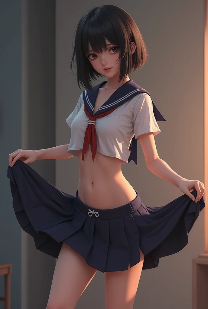 beautiful, masterpiece, best quality, extremely detailed face, perfect lighting, giantess, 1girl, solo, matoi ryuuko, school uniform, black serafuku, suspender skirt, walking, cowboy shot
