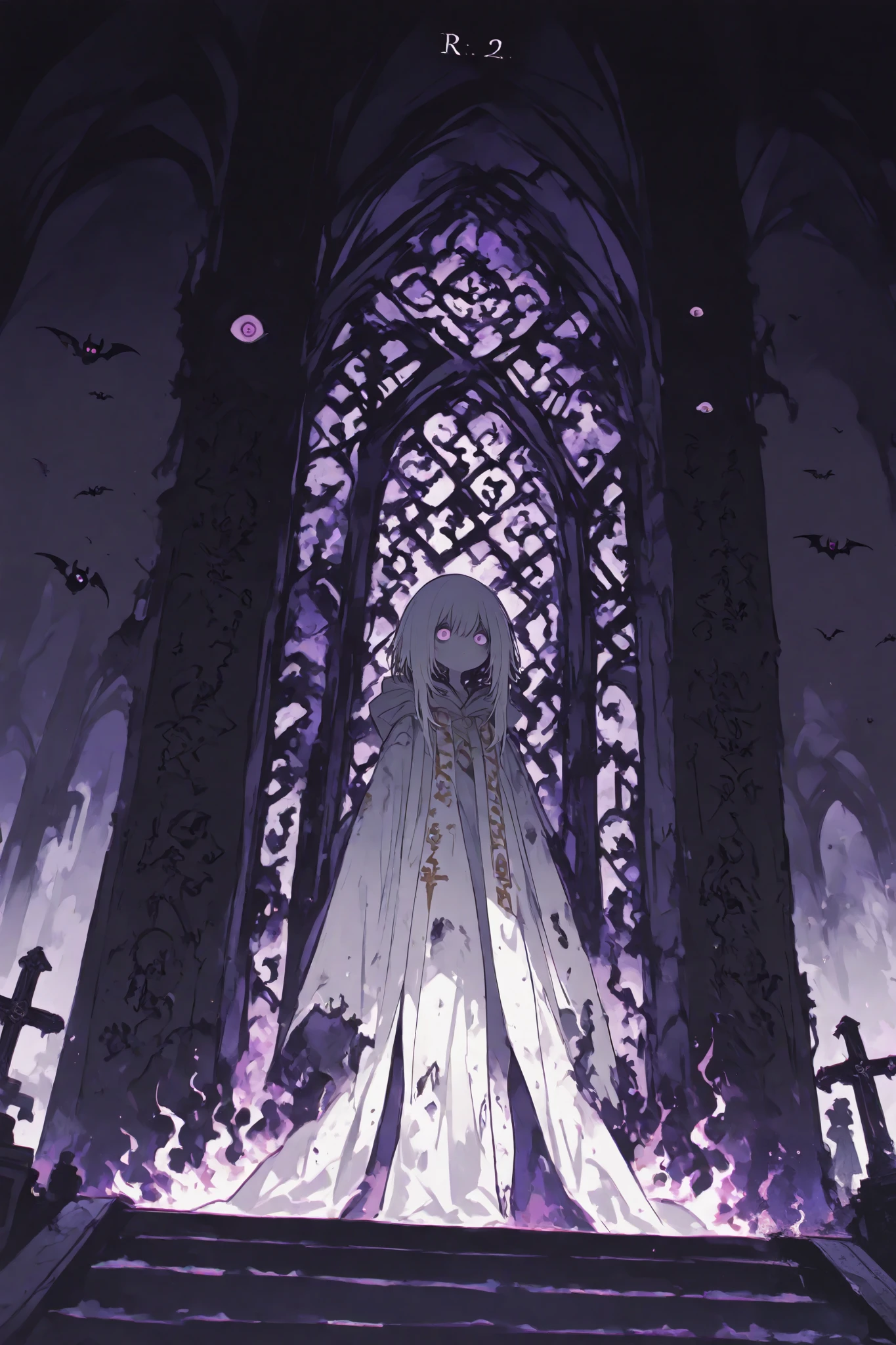 General,Komeshiro Kasu style, r17329_illu,usnr,hzk,(masterpiece, best quality, illustration, soft colors, ultra-detailed) A close-up of a sorrowful, purple-eyed demon standing at the center of a dark, fog-covered altar. They are dressed in torn, ceremonial robes, surrounded by symbols of an ancient religion. The night sky is shrouded in thick mist, illuminated only by the faint glow of purple flames. The figure’s expression reflects the pain of betrayal and persecution, as the symbols around them signify a dark prophecy.