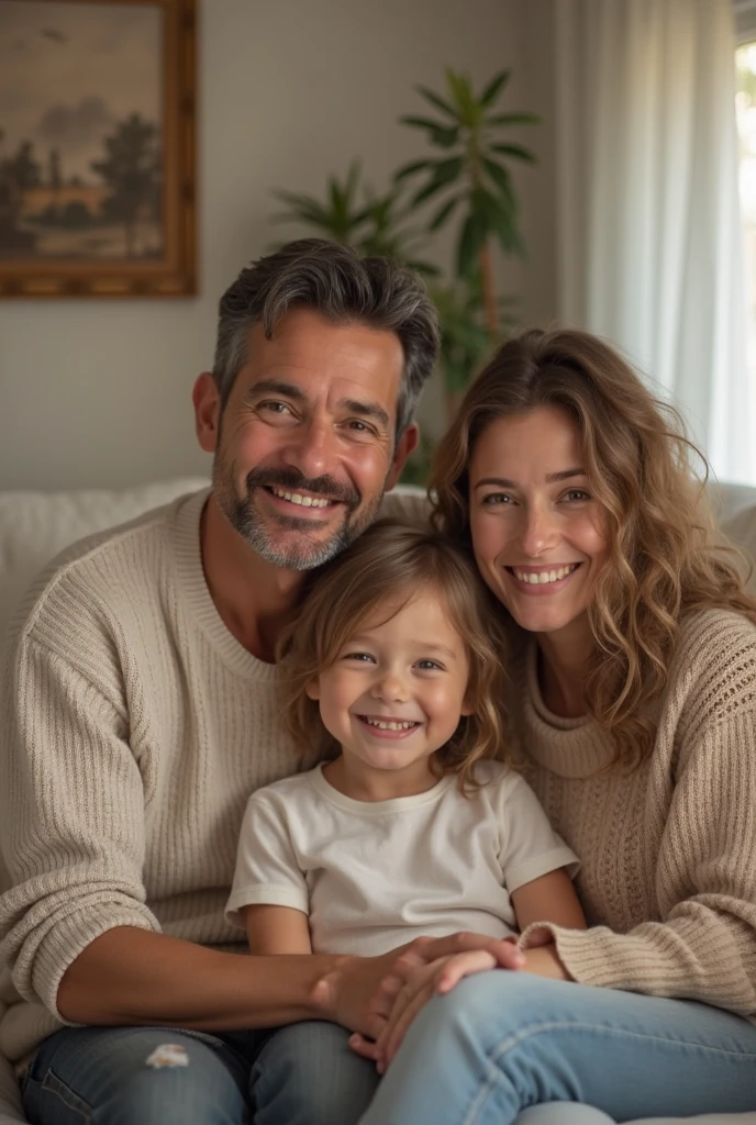 hetero couple 40 years old, balayage hair, wearing a casual clothes, with a grandchildren 4 year on the lap highly detailed, with a rings detailed, party room with a family hiquality, with a rings, hazel eyes, hyper-realistic, looking at each other for the baby very happy expression, Canon, Nikon, 85mm, HD, 4K, 8k Casual clothes,
