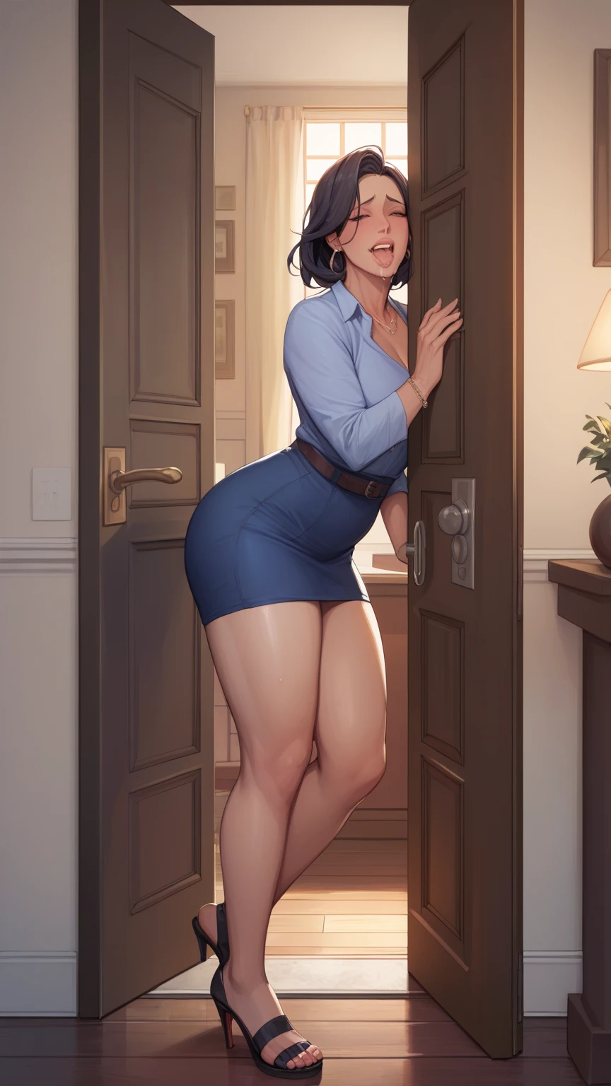 mei, thighs, full body, white high heels, sitting, nude tits, pussy, stocking