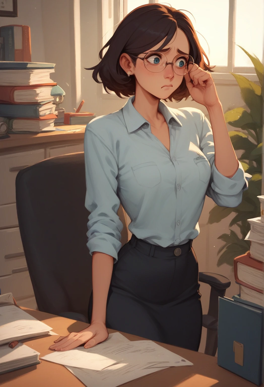 score_9, score_8_up, score_7_up, score_6_up, source_anime, BREAK 1girl,  mspauling, black hair, glasses, purple shirt, buttoned shirt, short sleeves, belt, black skirt, pantyhose, medium breasts, sitting, chair, desk, looking at viewer, paperwork, bored, from side