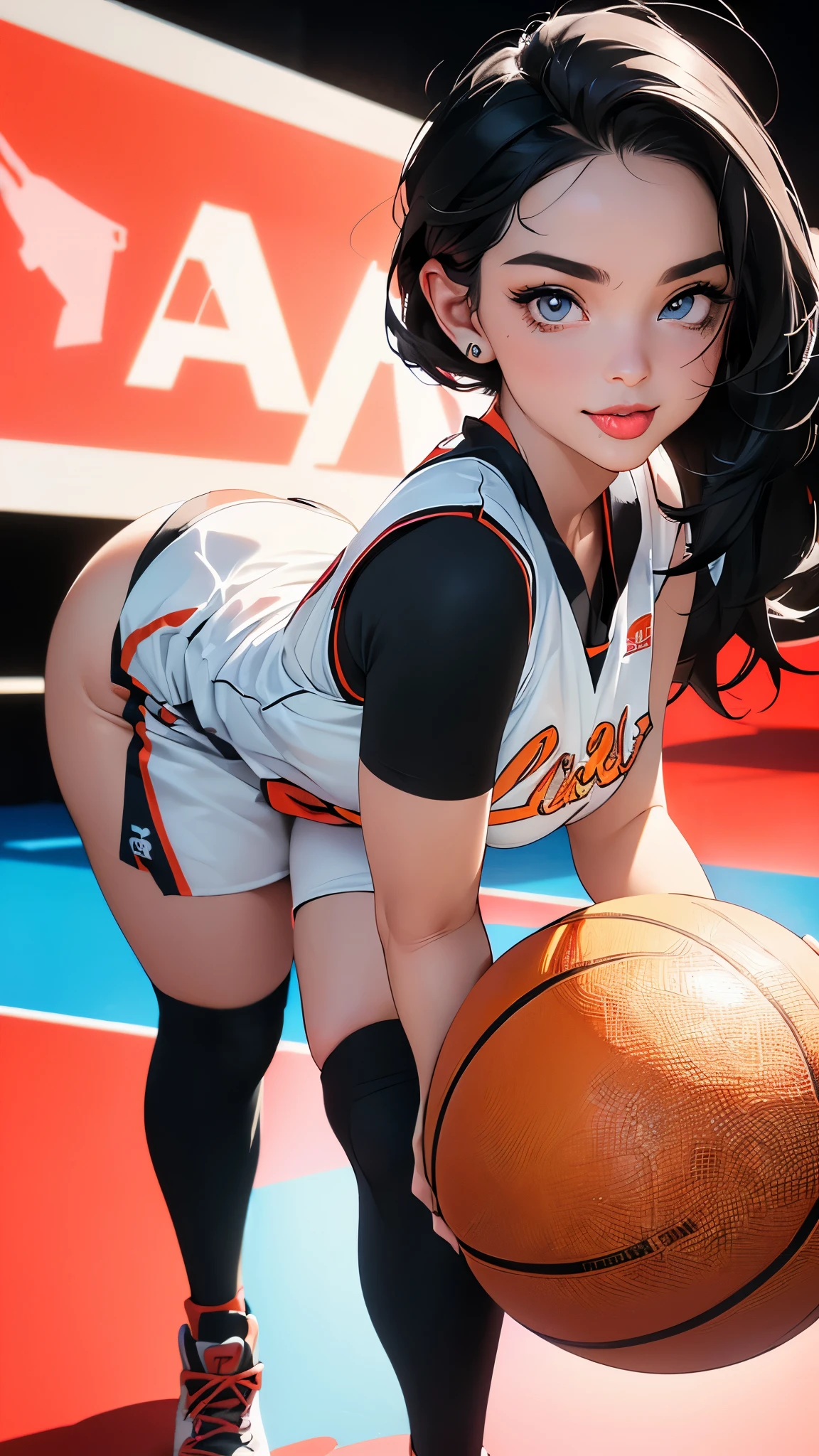 Masterpiece: 1.2, best quality), realistic, (real picture, rich details details, depth of field), (1girl, solo), makeup, cleft lip, high detail, perfect face shape, (big breasts: 1.4), (skindentation), thick thighs, wide buttocks, Thin waist, tall, coral, red lips, red eyes, ponytail, (((((basketball girl, transparent black basketball suit)))), (sweat: 1.2), (wet), sexy, blushing, sweaty