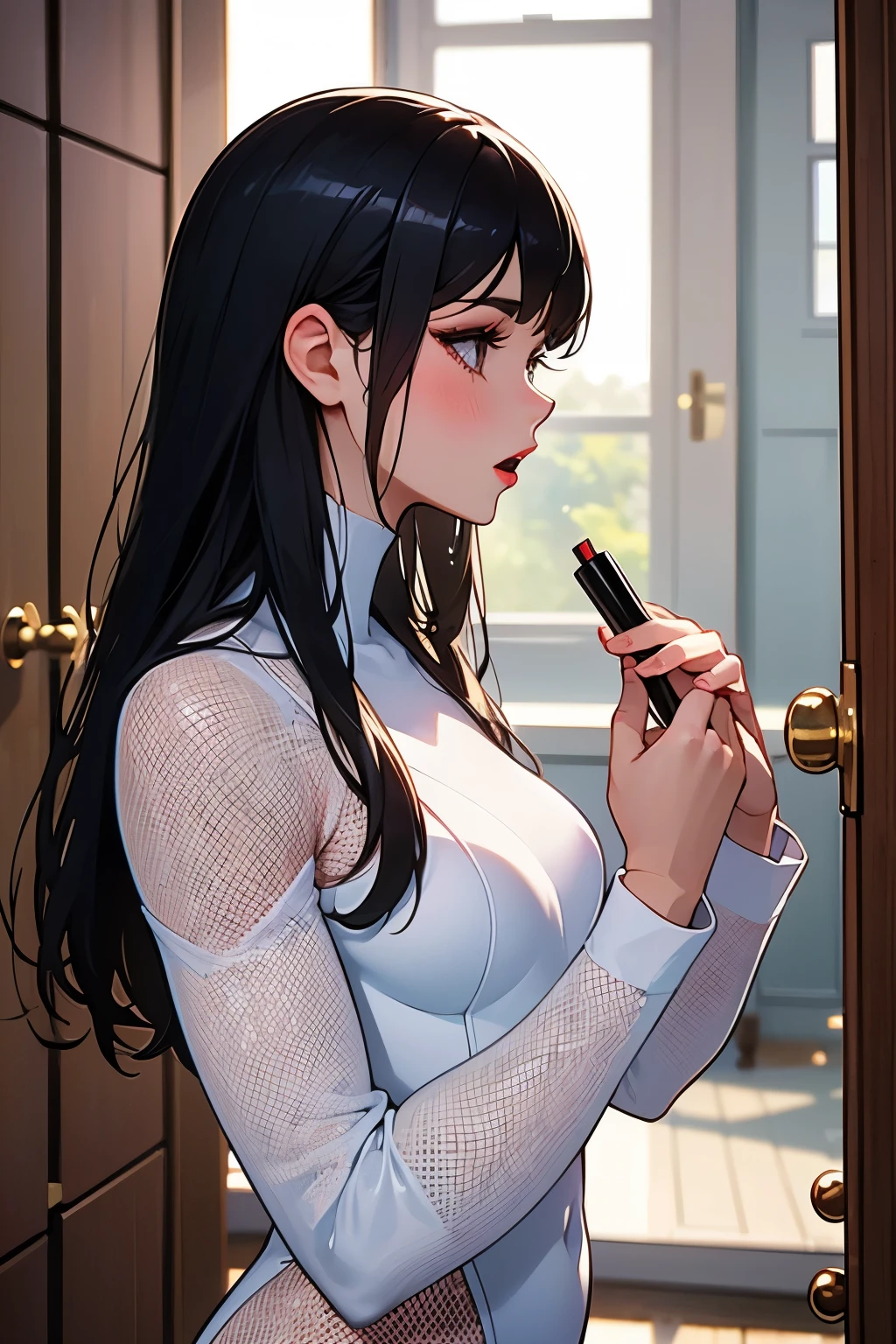 (highest quality:1.2), a -yeld girs wearing make-up in a powder room. She is facing the mirror with lipstick in her hand. and a difficult expression on her face, bothering she should wear it or not. Behind her, a bodysuits is hanged on locker. Side view, a photorealistic cute girl, beautiful face,looking doubtful, European face like a doll, heaviy make-up face, half suspicious face, open mouth to say something, beautiful detailed eyes with dark blue eyeshadow,fully open eyes, beautiful bloody red lip, her face looks a difficult expression, long black hair, upper body portrait, small breast, wearing long sleeve leotard,tight-fitting and extra shiny white leotard, wearing white fishnet bodysuits。